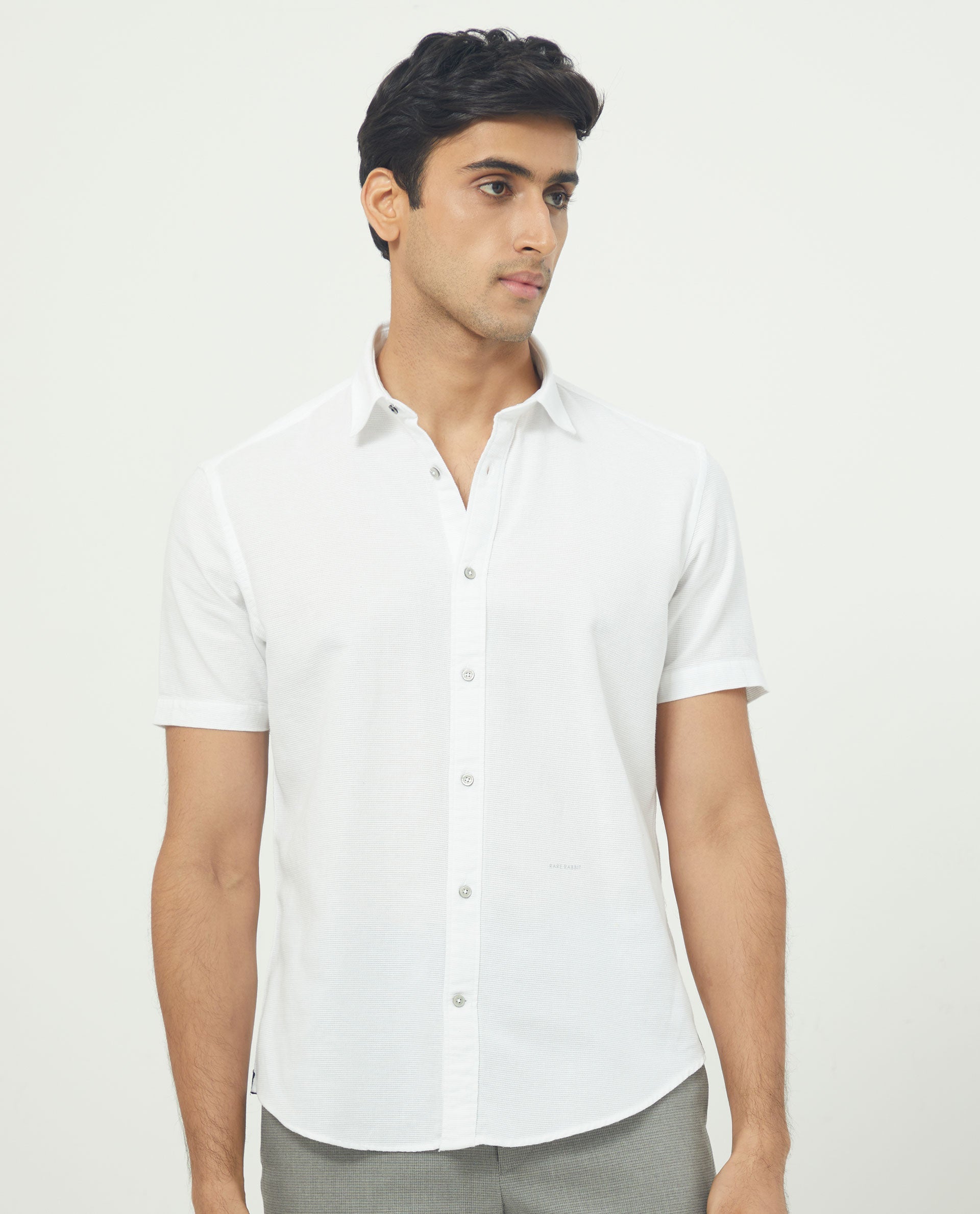 Rare Rabbit Men's Rissa White Cotton Plain Regular Fit Half Sleeve Collared Shirt