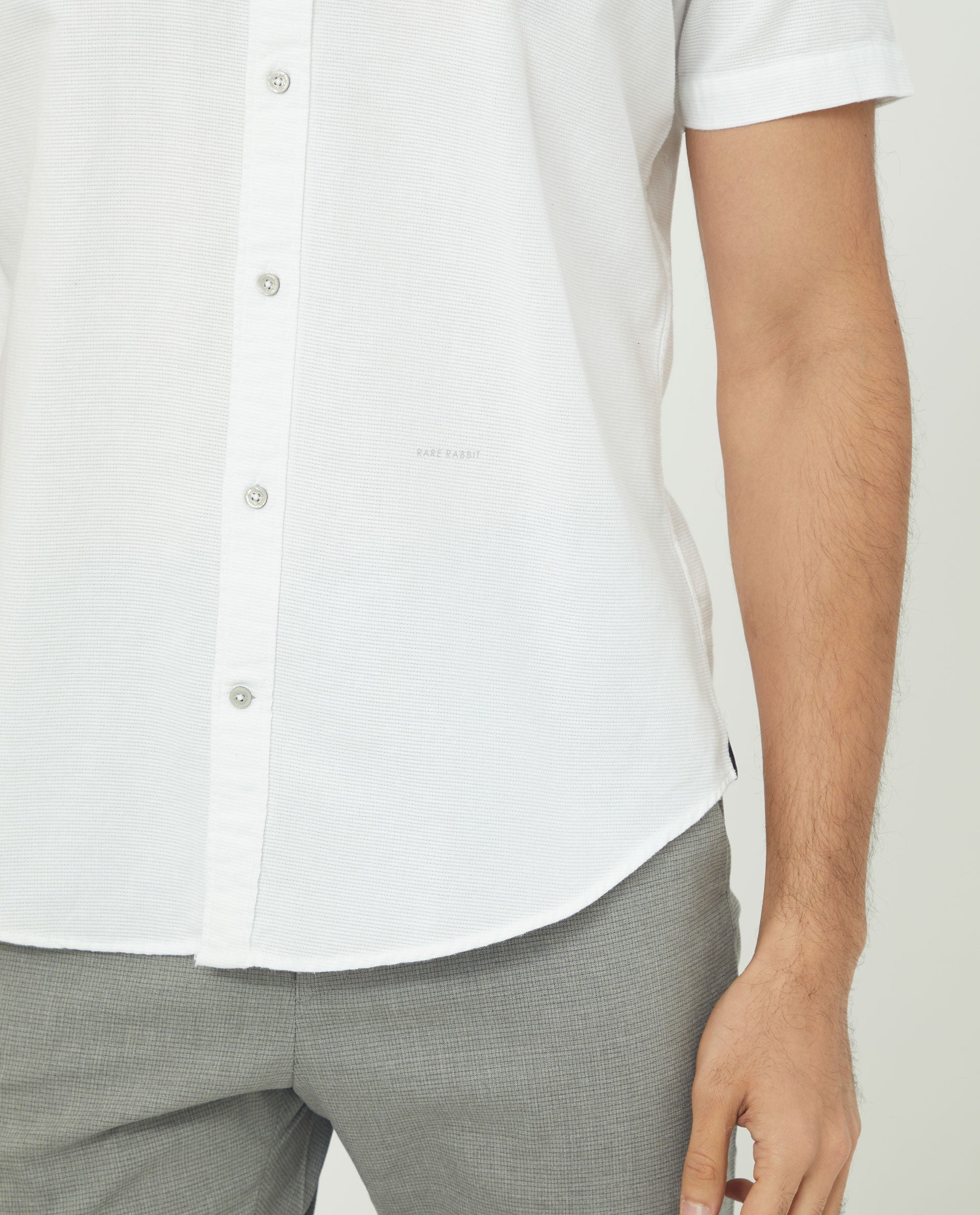 Rare Rabbit Men's Rissa White Cotton Plain Regular Fit Half Sleeve Collared Shirt