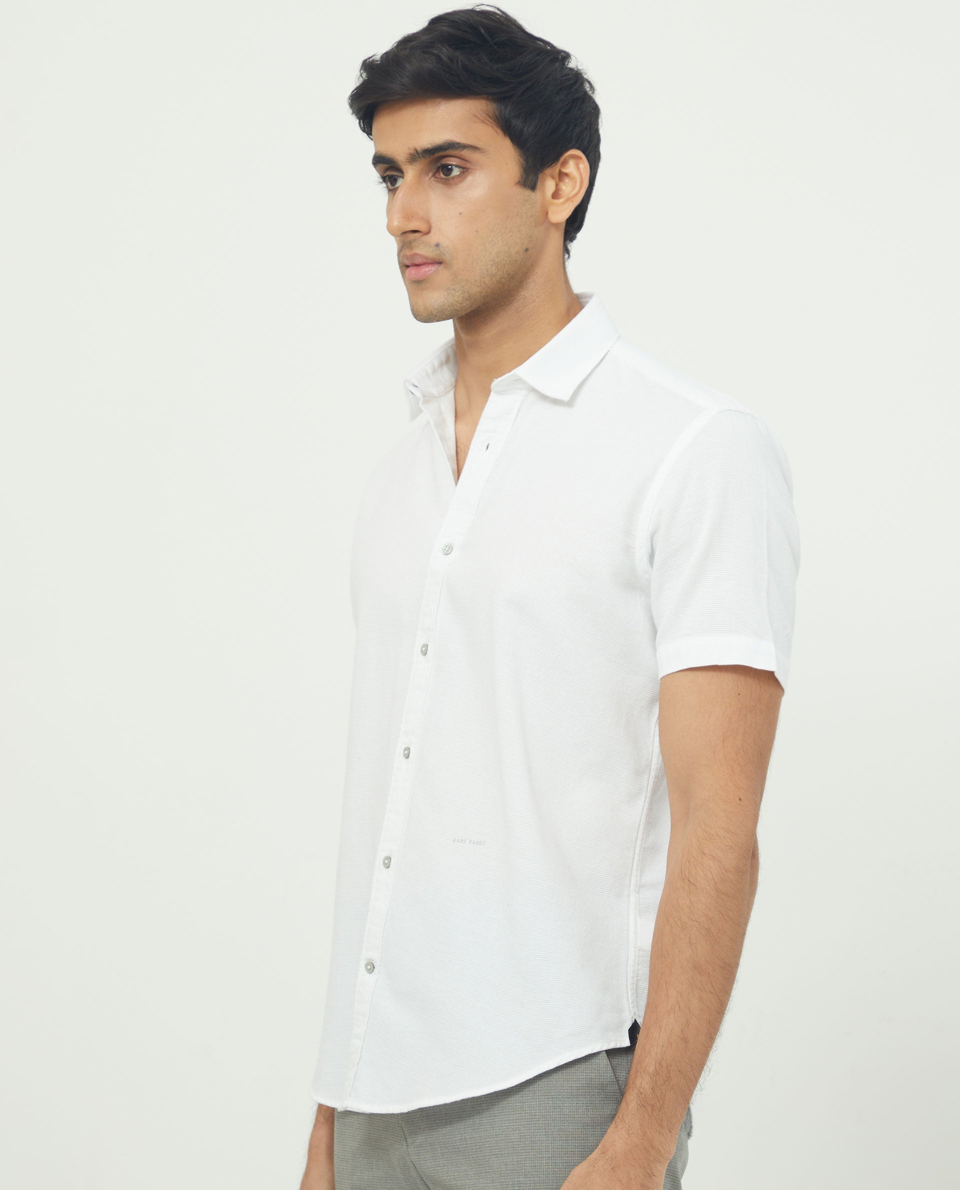 Rare Rabbit Men's Rissa White Cotton Plain Regular Fit Half Sleeve Collared Shirt