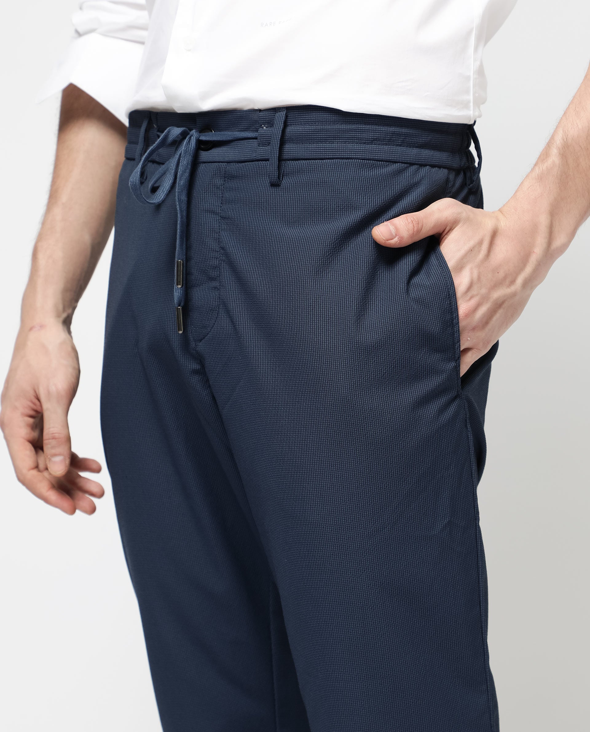 Rare Rabbit Men's Saco Navy Polyester Checked Print Regular Fit Trouser