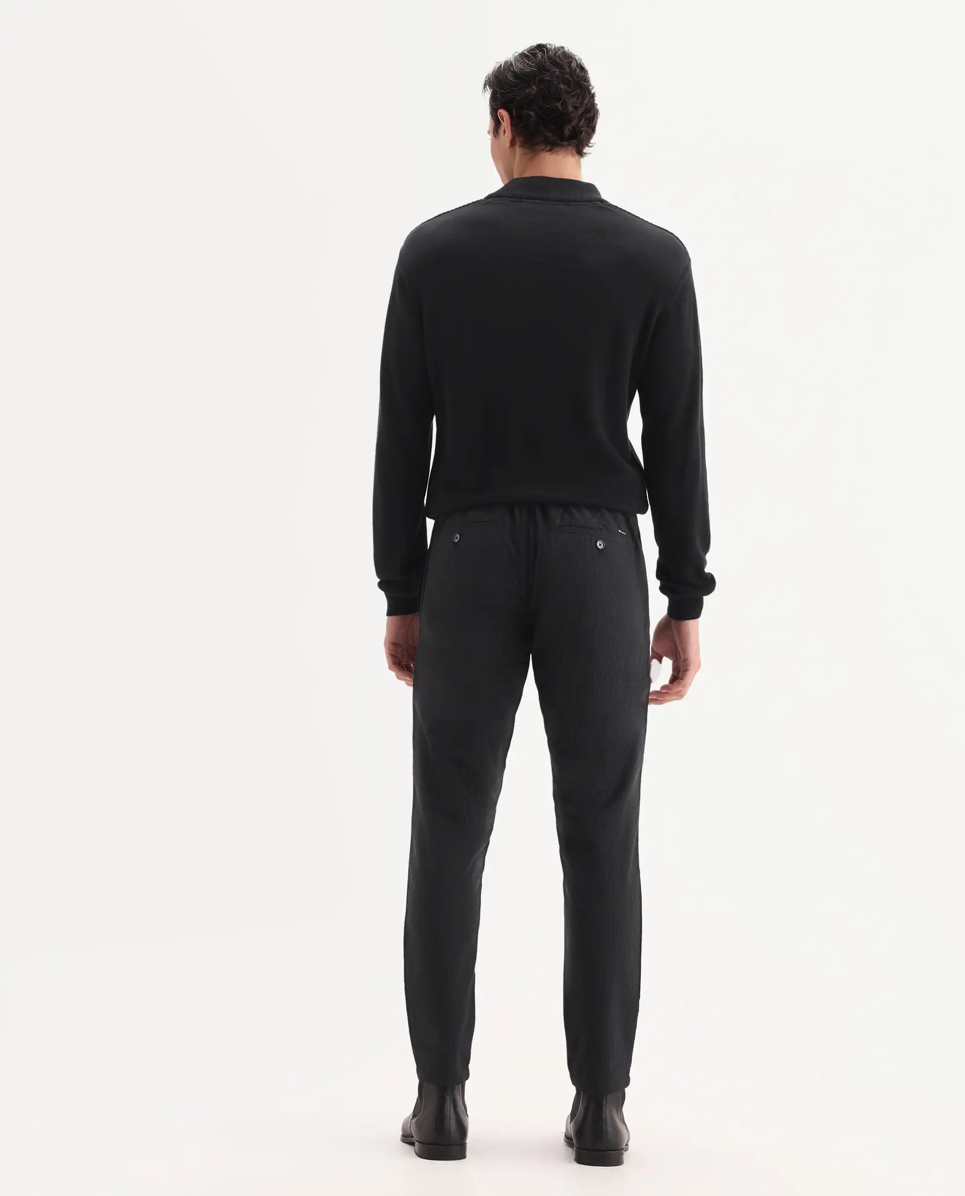 Rare Rabbit Men's Sacon Black Polyester Textured Regular Fit Trouser