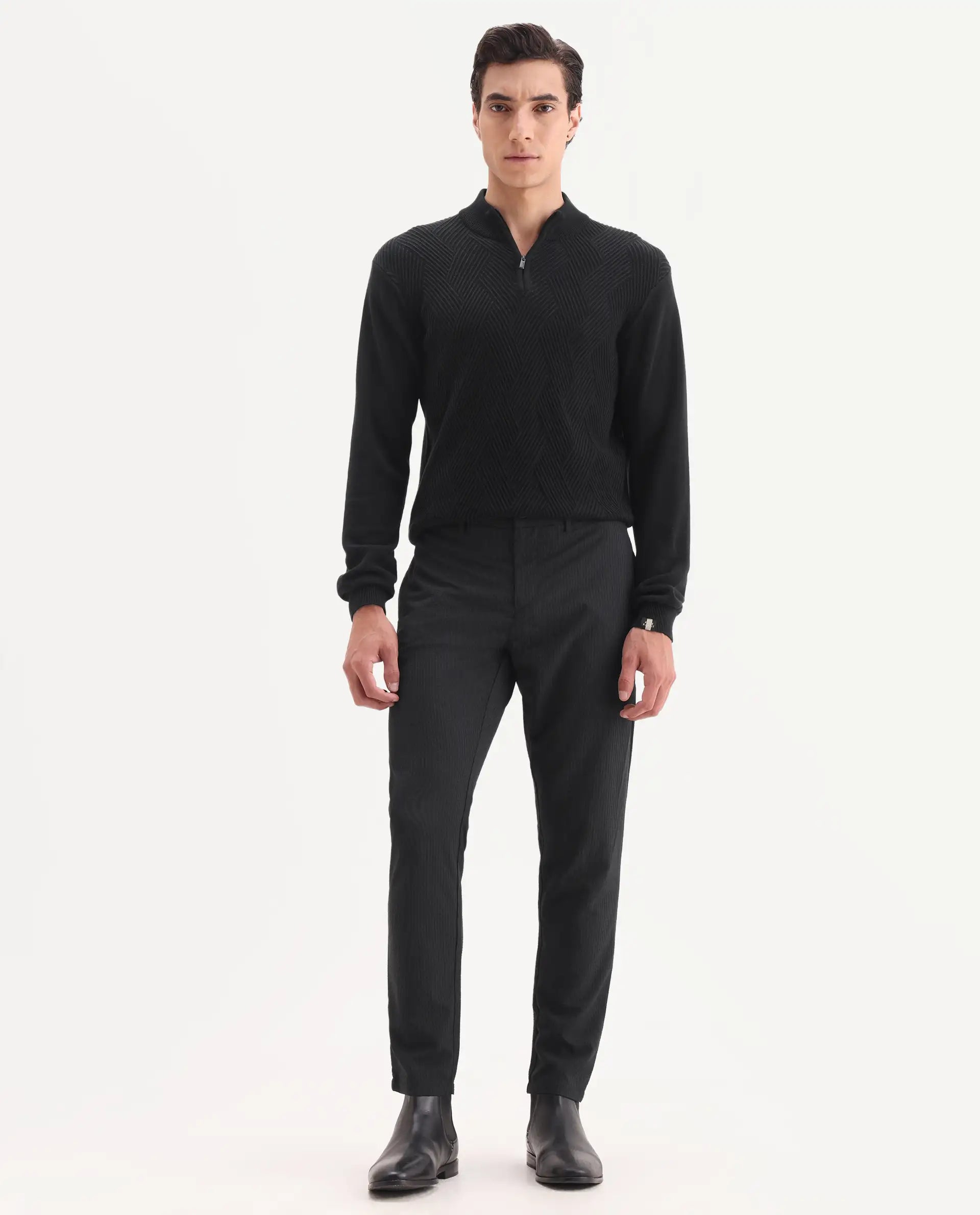 Rare Rabbit Men's Sacon Black Polyester Textured Regular Fit Trouser
