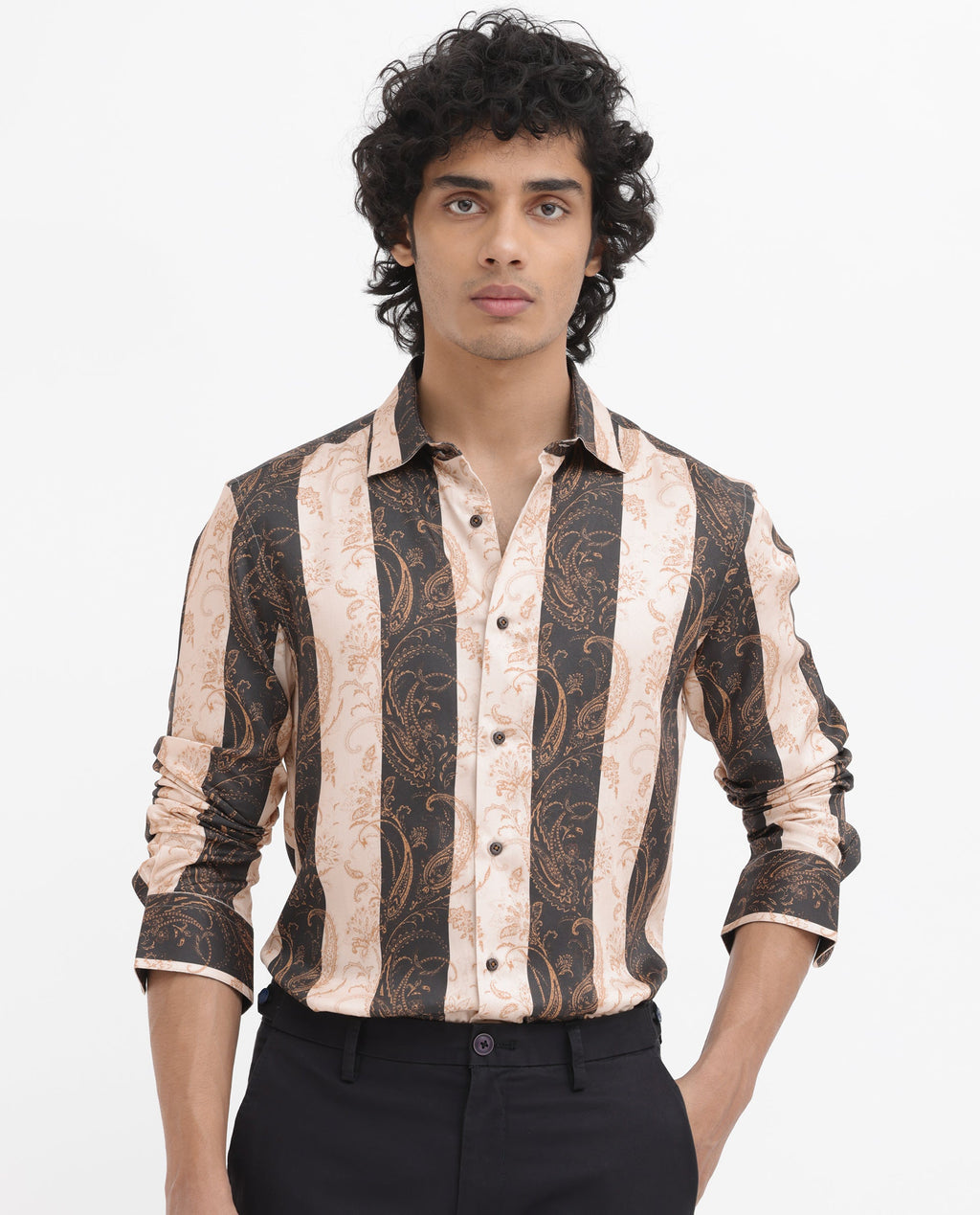 Rare Rabbit Men's Faben Beige Viscose Paisley Print Regular Fit Full Sleeve Collared Shirt