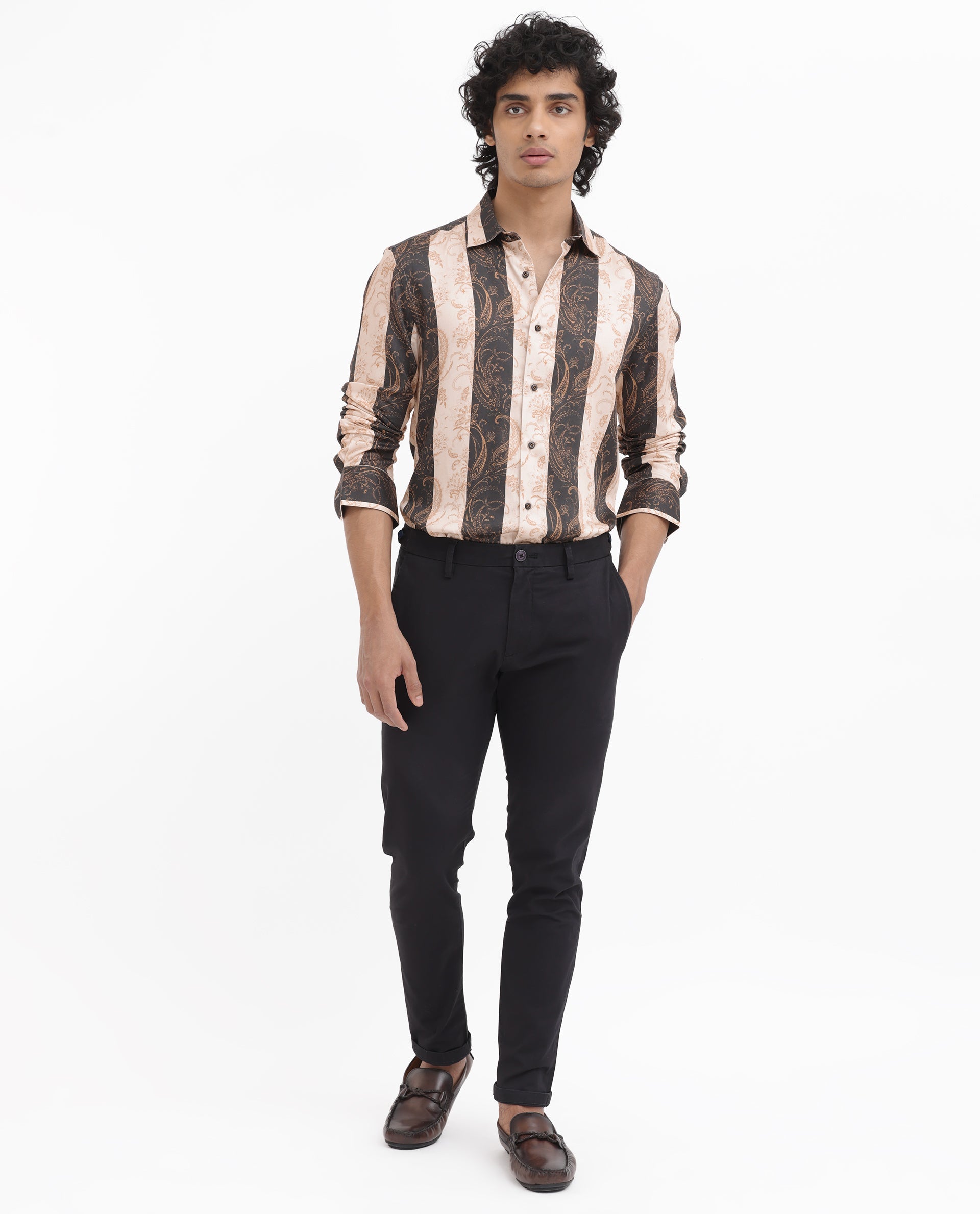 Rare Rabbit Men's Faben Beige Viscose Paisley Print Regular Fit Full Sleeve Collared Shirt