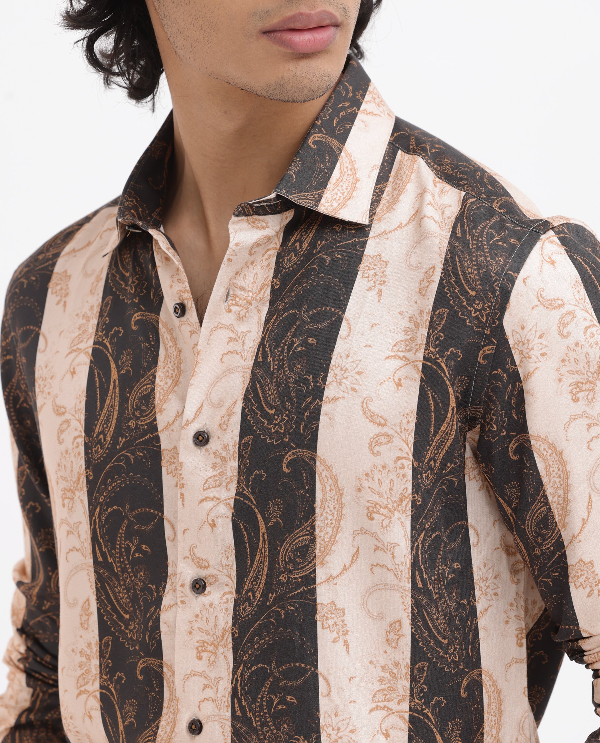 Rare Rabbit Men's Faben Beige Viscose Paisley Print Regular Fit Full Sleeve Collared Shirt