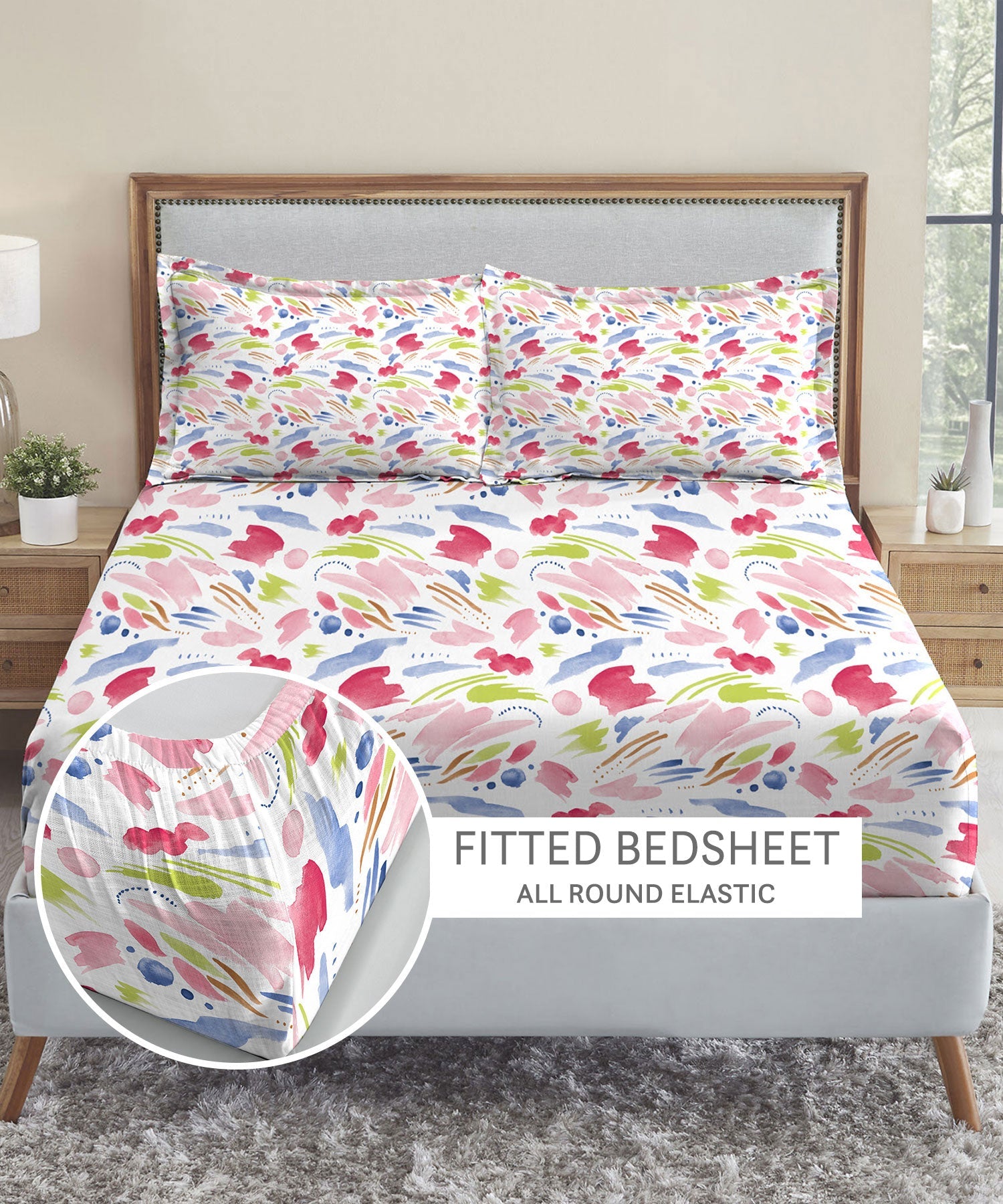 Soft Comfort King Fitted Bedsheet Set, Sweet Temptation|210 TC Cotton|2 Pillow Covers