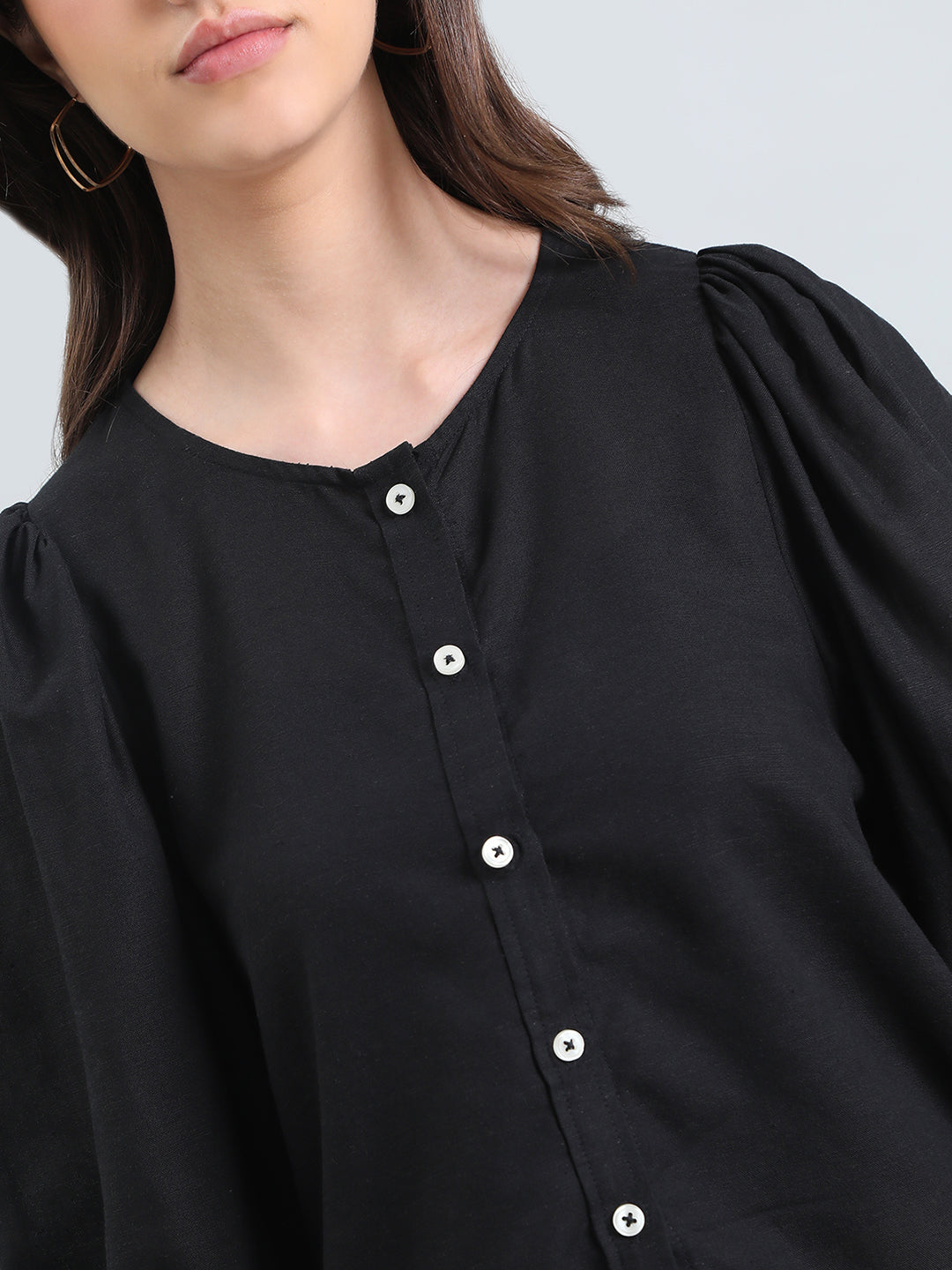 Linen Puff Sleeve Crew Neck Shirt