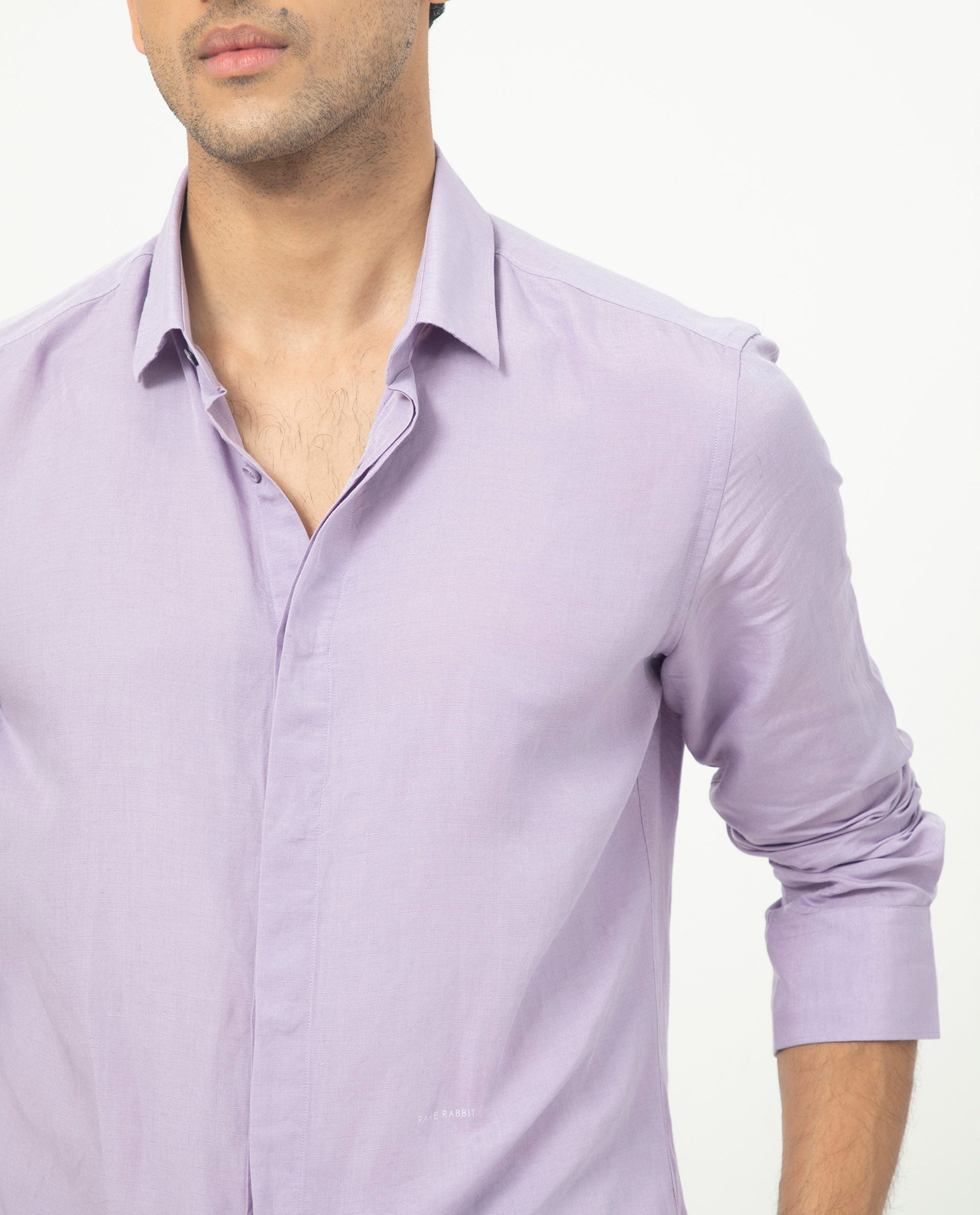Rare Rabbit Men's Throner Pastel Purple Linen Blend Plain Regular Fit Full Sleeve Collared Shirt