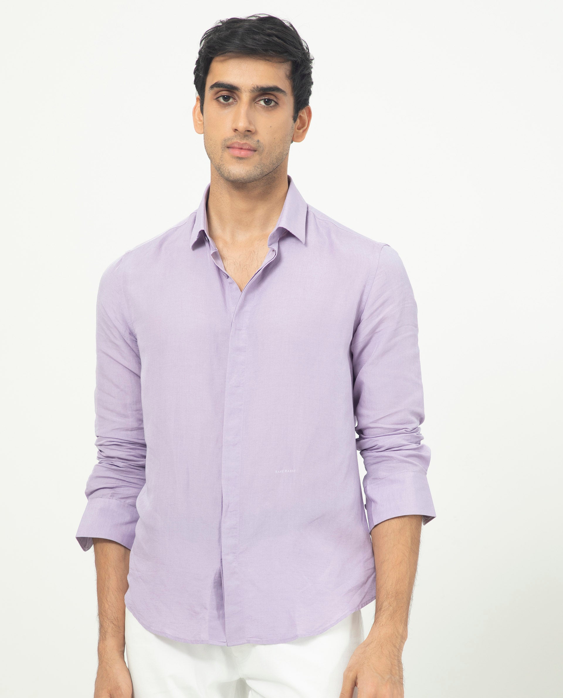 Rare Rabbit Men's Throner Pastel Purple Linen Blend Plain Regular Fit Full Sleeve Collared Shirt