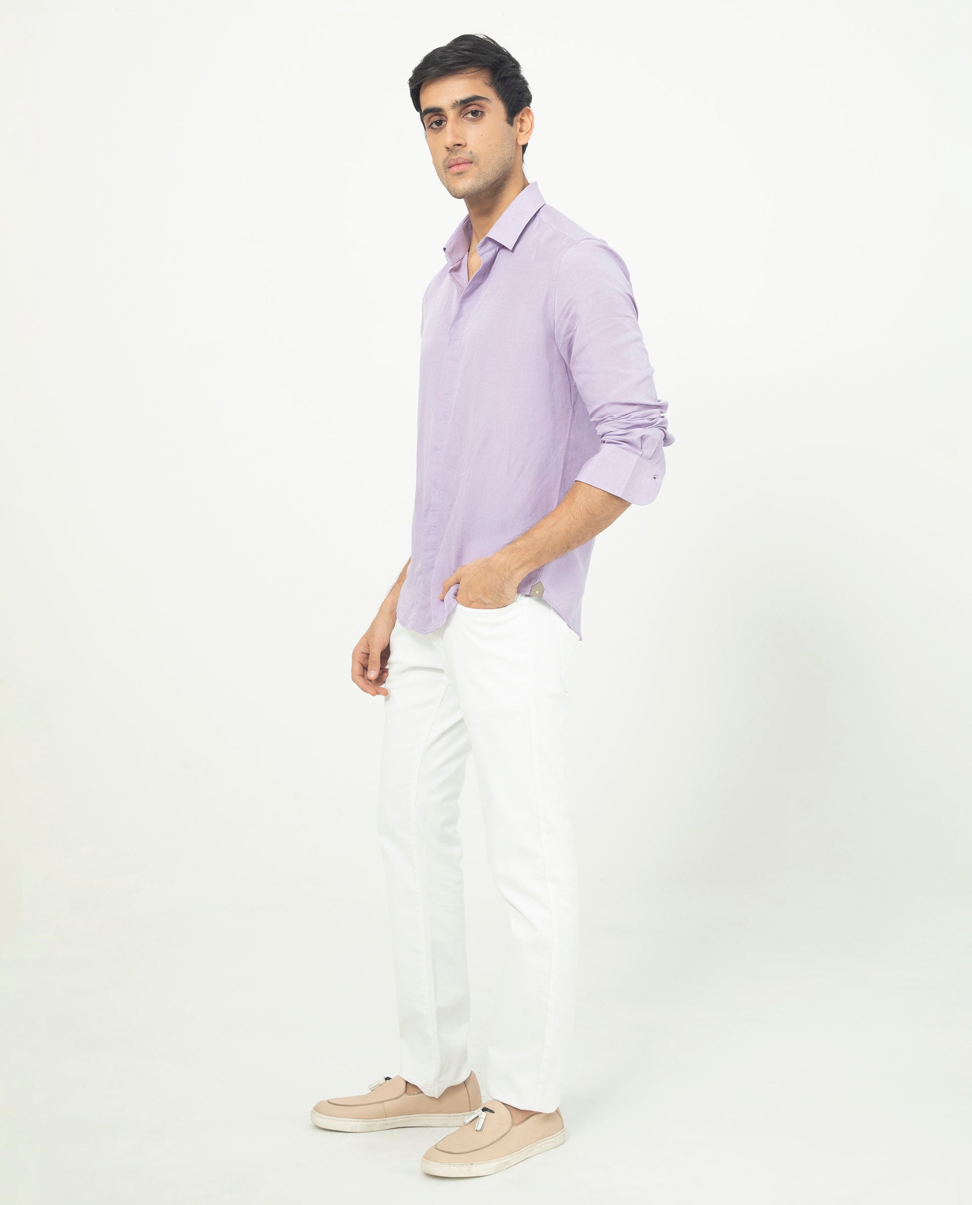 Rare Rabbit Men's Throner Pastel Purple Linen Blend Plain Regular Fit Full Sleeve Collared Shirt