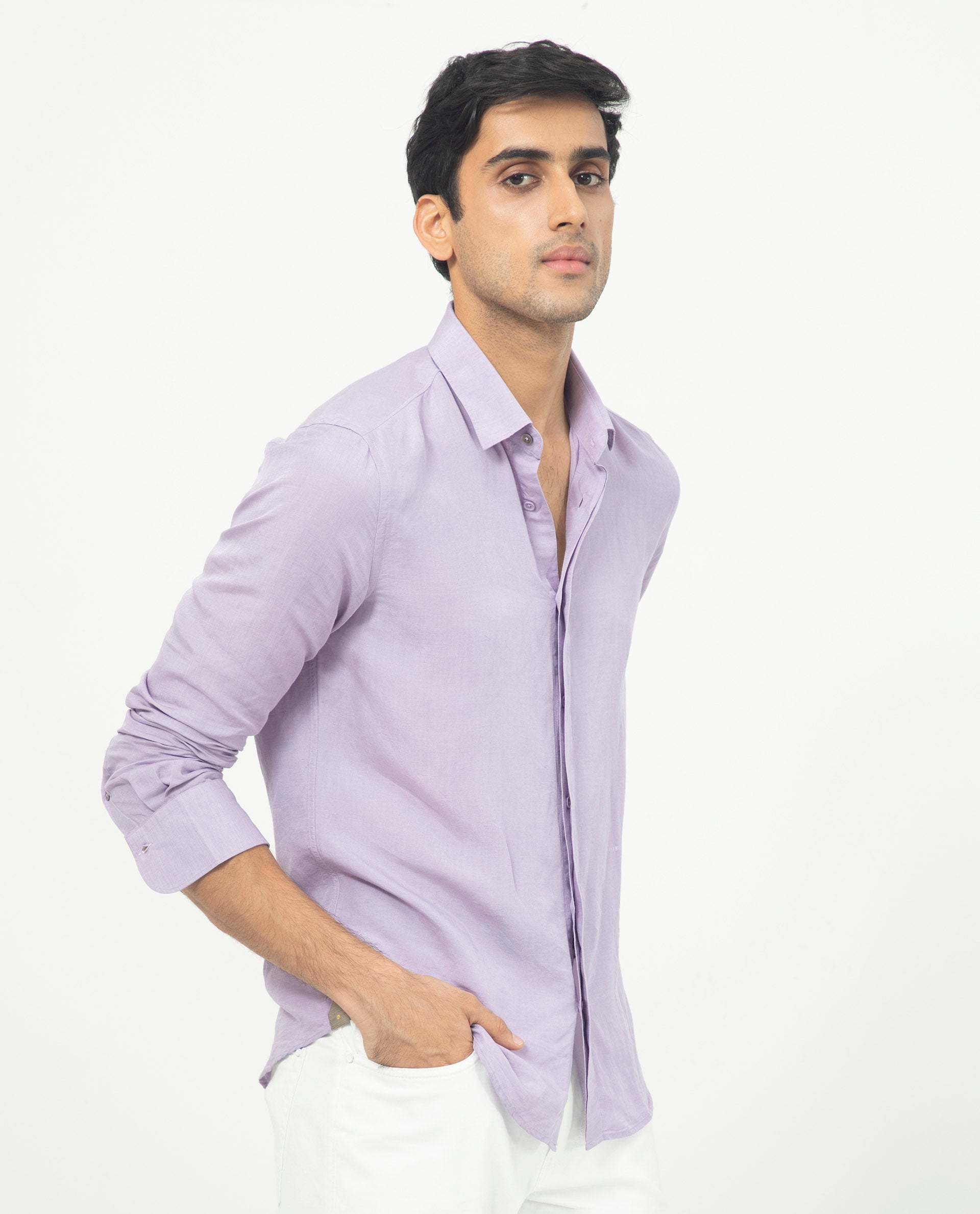 Rare Rabbit Men's Throner Pastel Purple Linen Blend Plain Regular Fit Full Sleeve Collared Shirt