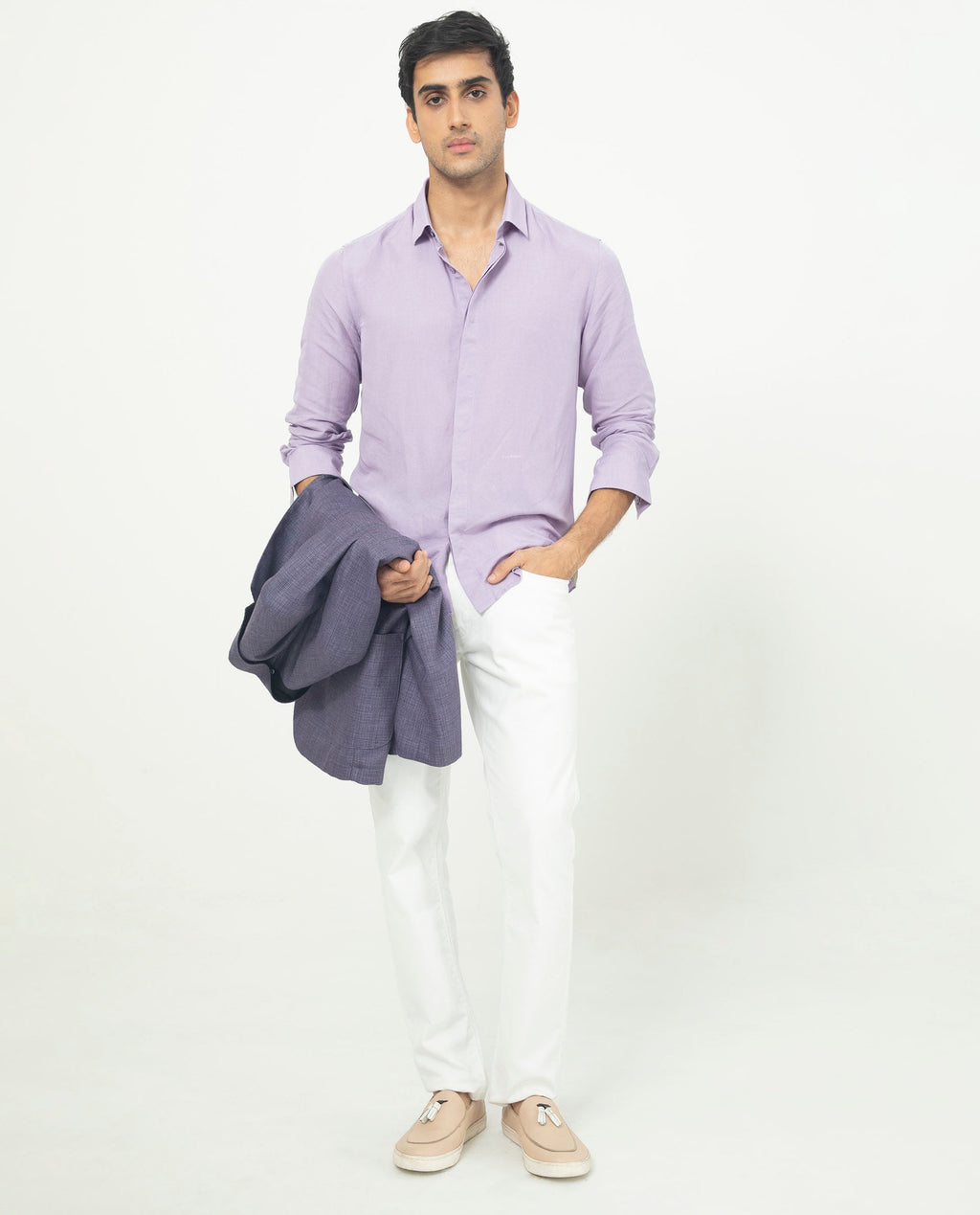 Rare Rabbit Men's Throner Pastel Purple Linen Blend Plain Regular Fit Full Sleeve Collared Shirt
