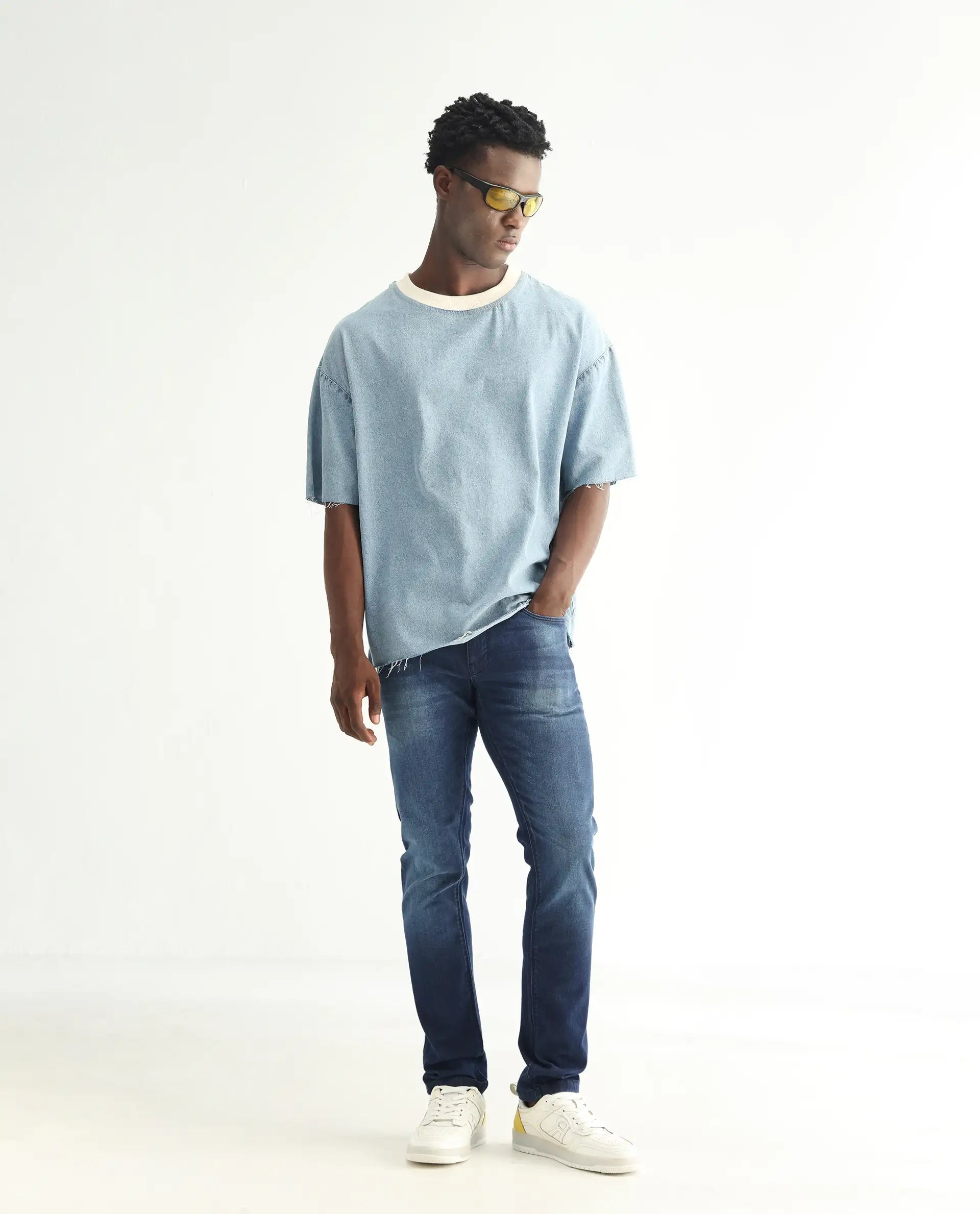Rare Rabbit Men's Toucil Dark Blue Cotton Plain Hawk Slim Fit Jeans