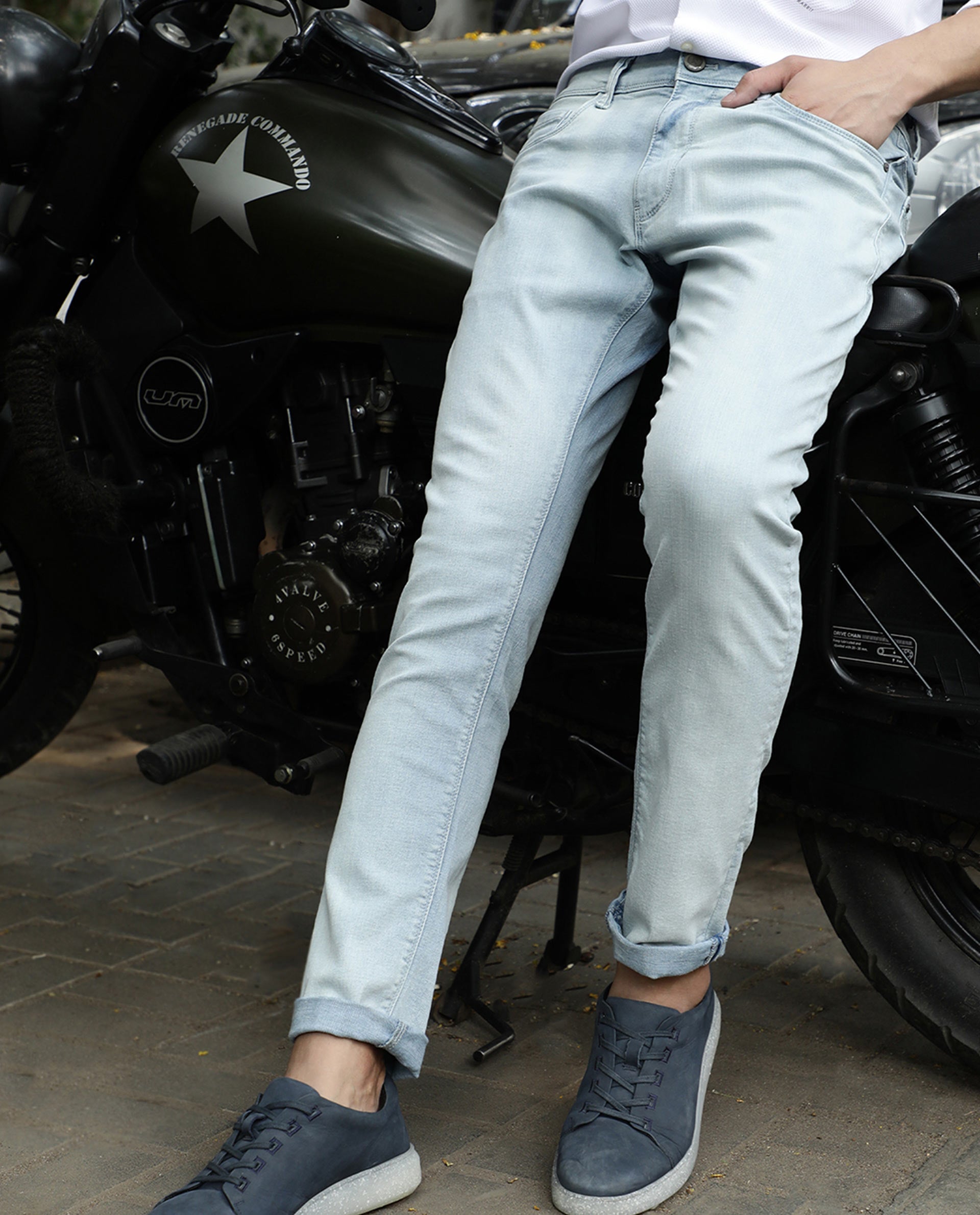 Rare Rabbit Men's Tram Blue Cotton Plain Hawk Slim Fit Jeans