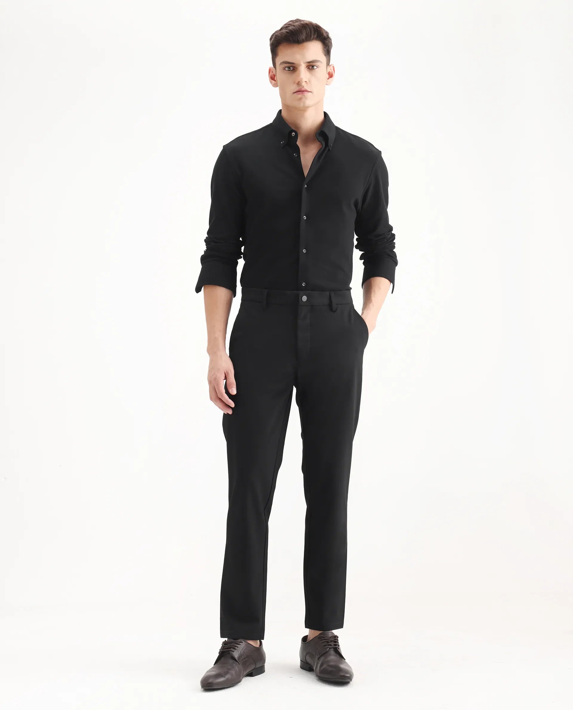 Rare Rabbit Men's Travel-25 Black Polyester Blend Plain Regular Fit Trouser