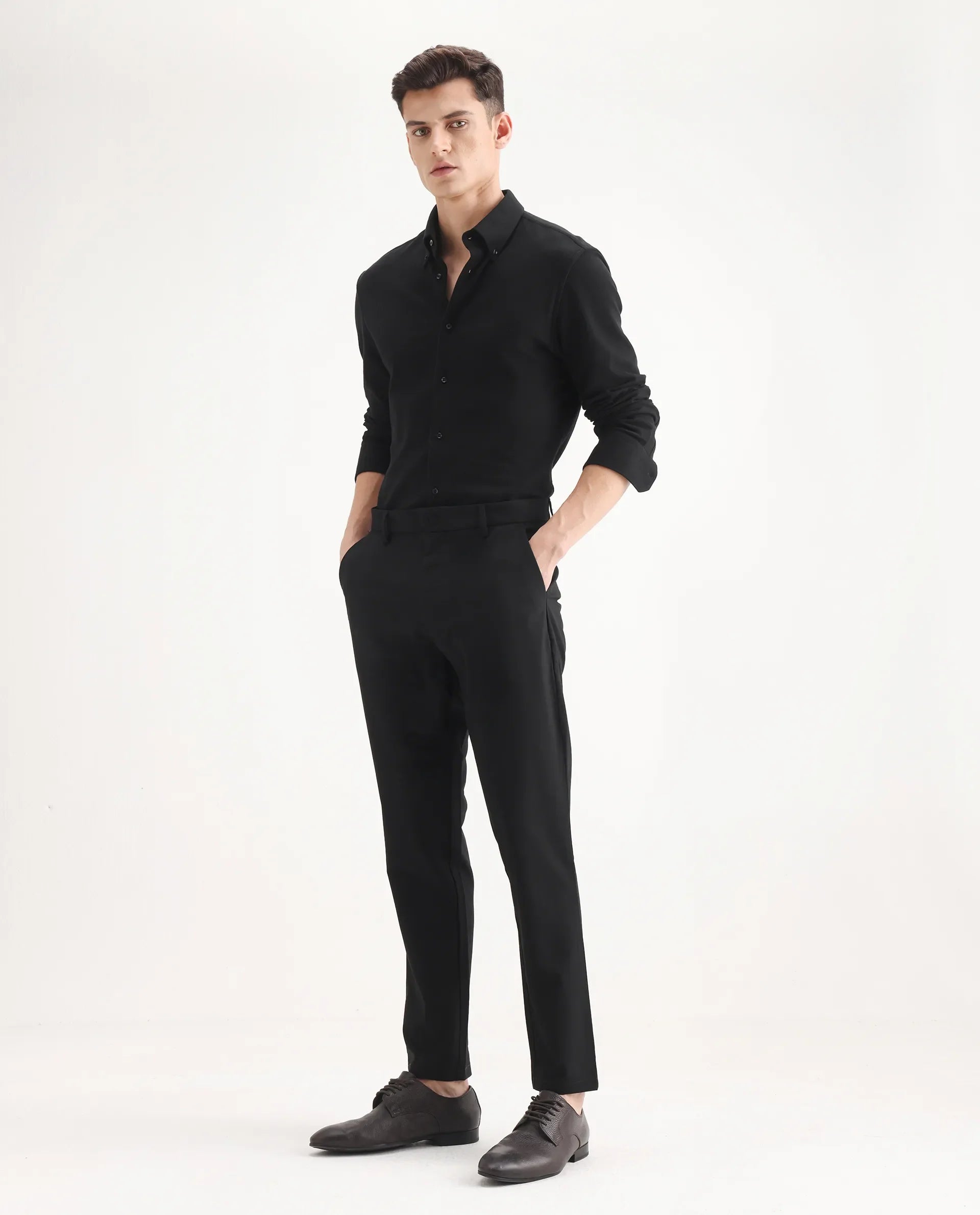 Rare Rabbit Men's Travel-25 Black Polyester Blend Plain Regular Fit Trouser
