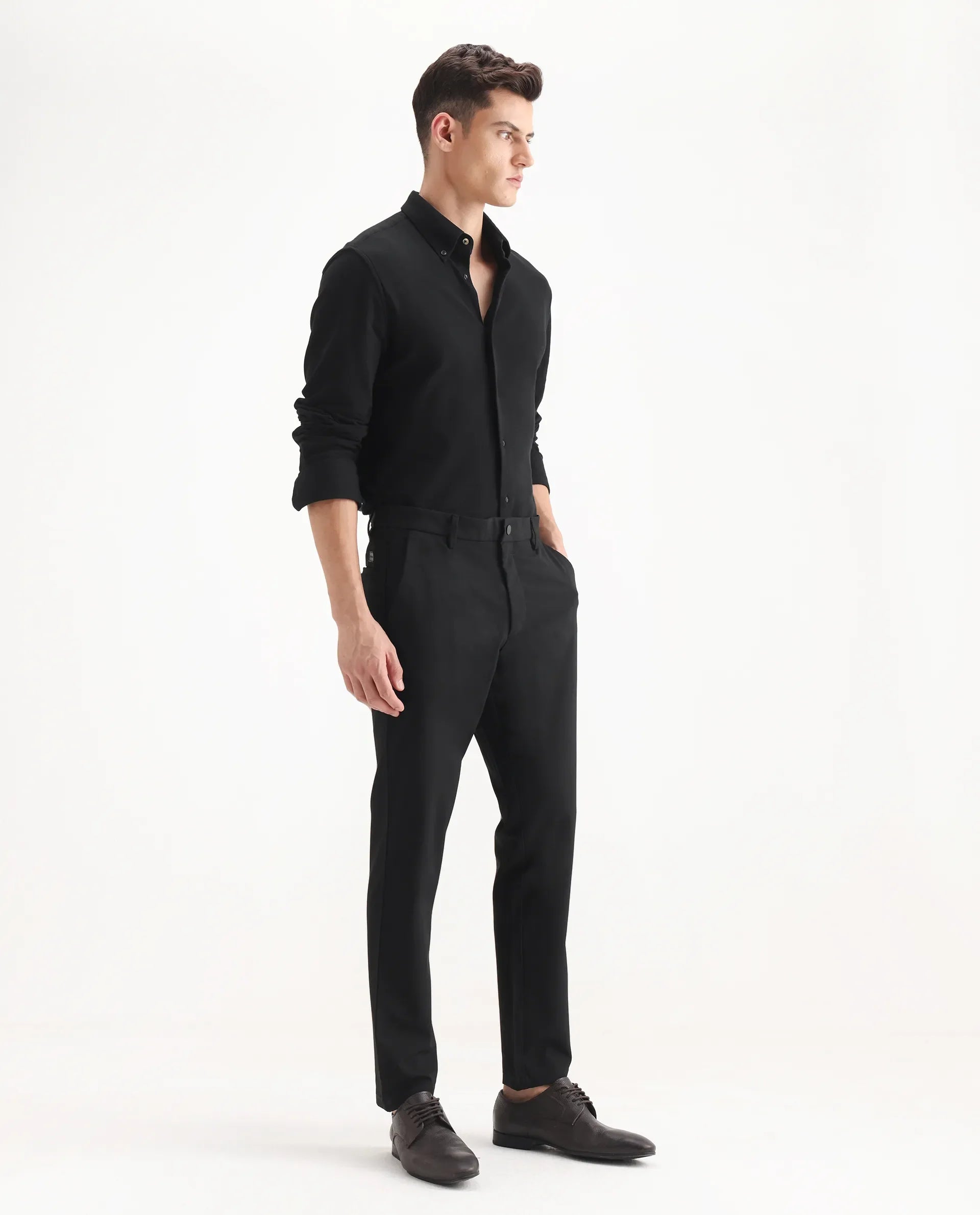 Rare Rabbit Men's Travel-25 Black Polyester Blend Plain Regular Fit Trouser