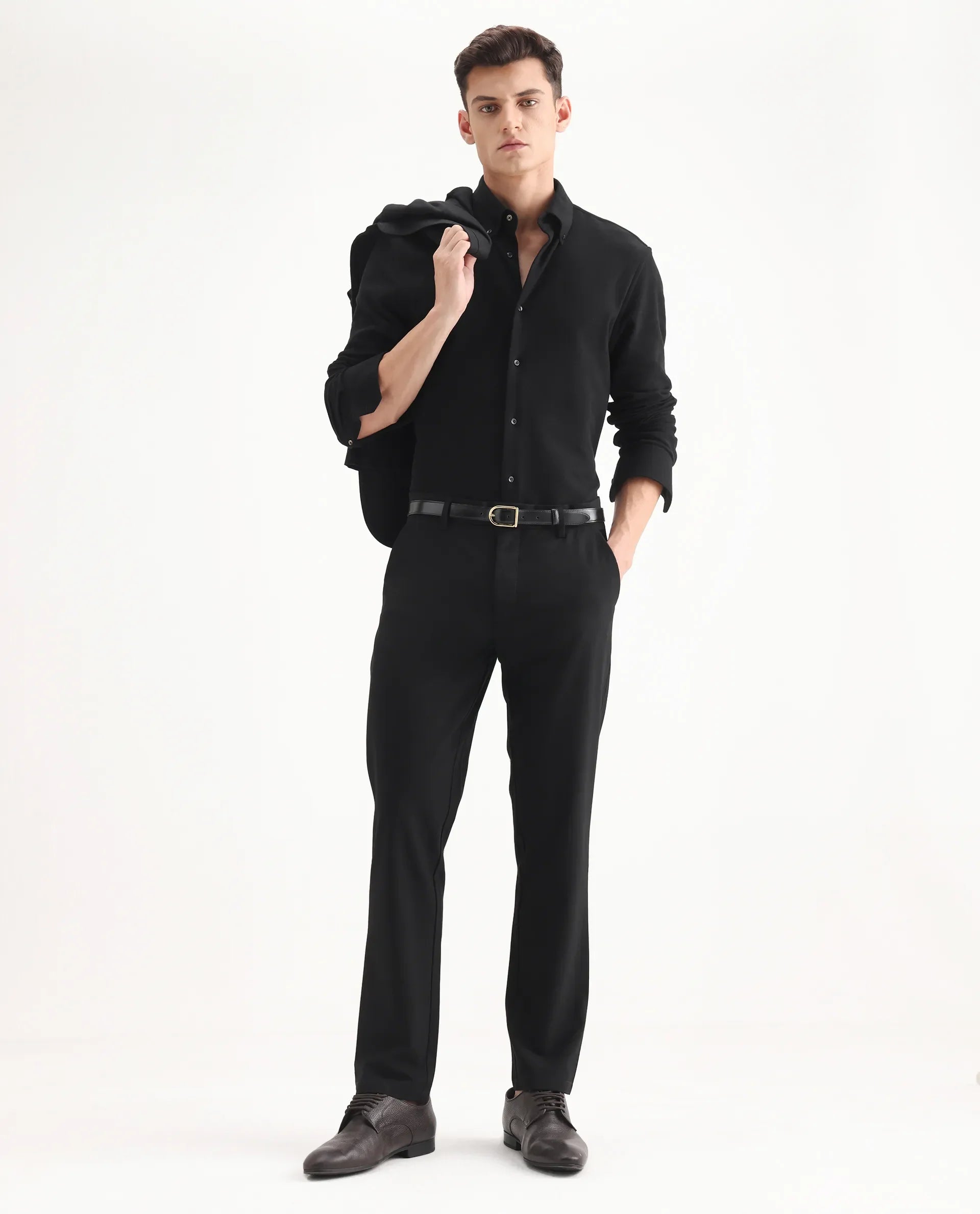 Rare Rabbit Men's Travel-25 Black Polyester Blend Plain Regular Fit Trouser