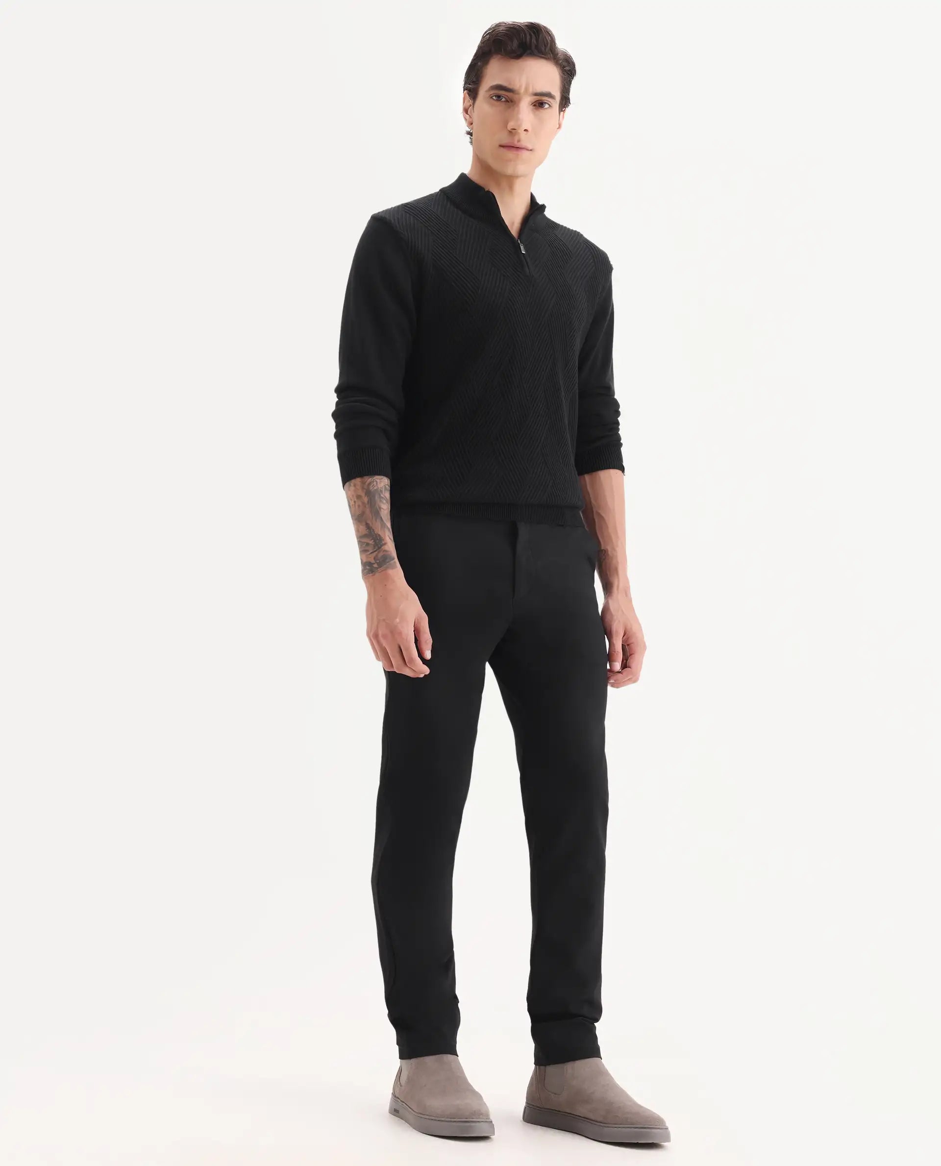 Rare Rabbit Men's Travel-24 Black Poly Viscose Lycra Fabric Blend Solid Trousers