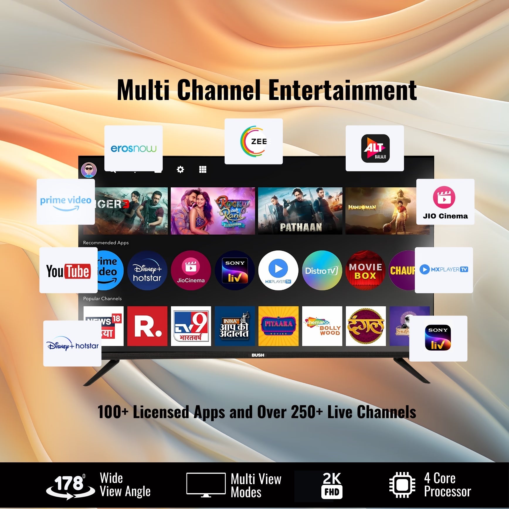 Bush QLED 108 cm (43 inch) Full HD LED Smart Android Based TV 2025 Edition with Remote, Frameless Design and Free to Air channel movie box and Sound bar (QLED-43) BB4300S PRO