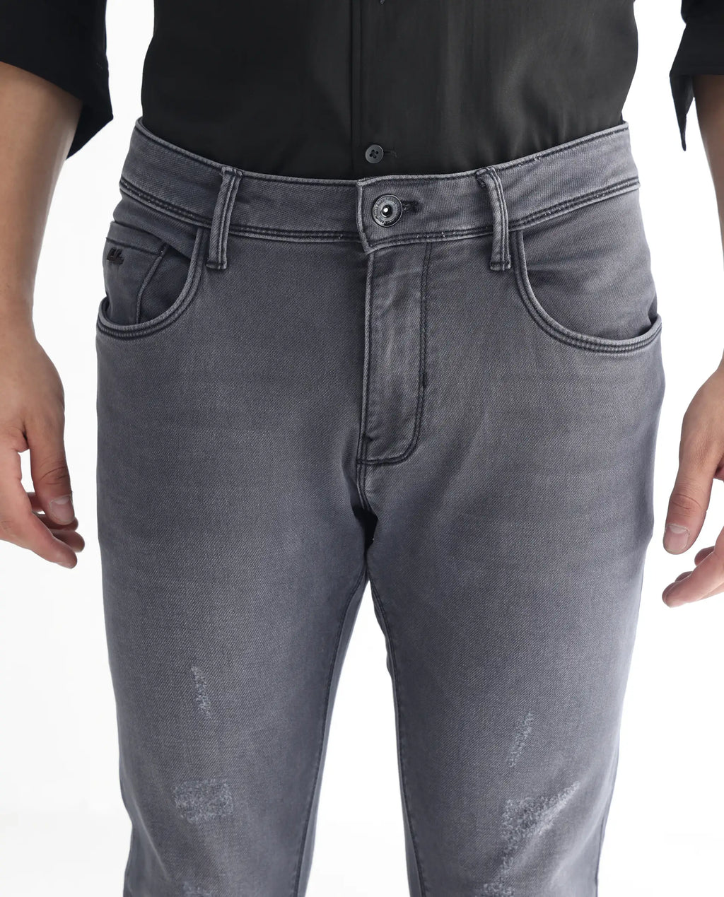 Rare Rabbit Men's Velles Dark Grey Cotton Plain Hawk Slim Fit Jeans