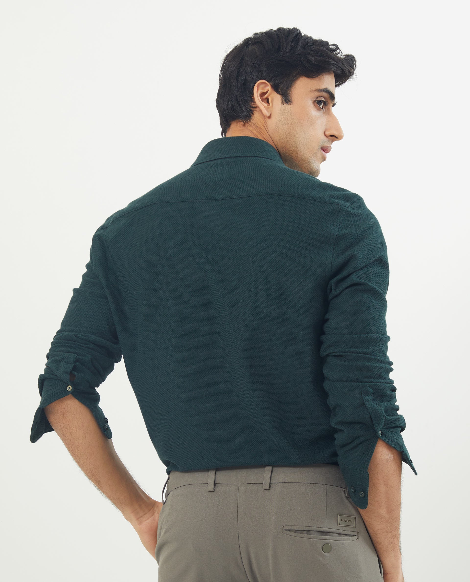 Rare Rabbit Men's Venziya Dark Green Cotton Plain Regular Fit Full Sleeve Collared Shirt