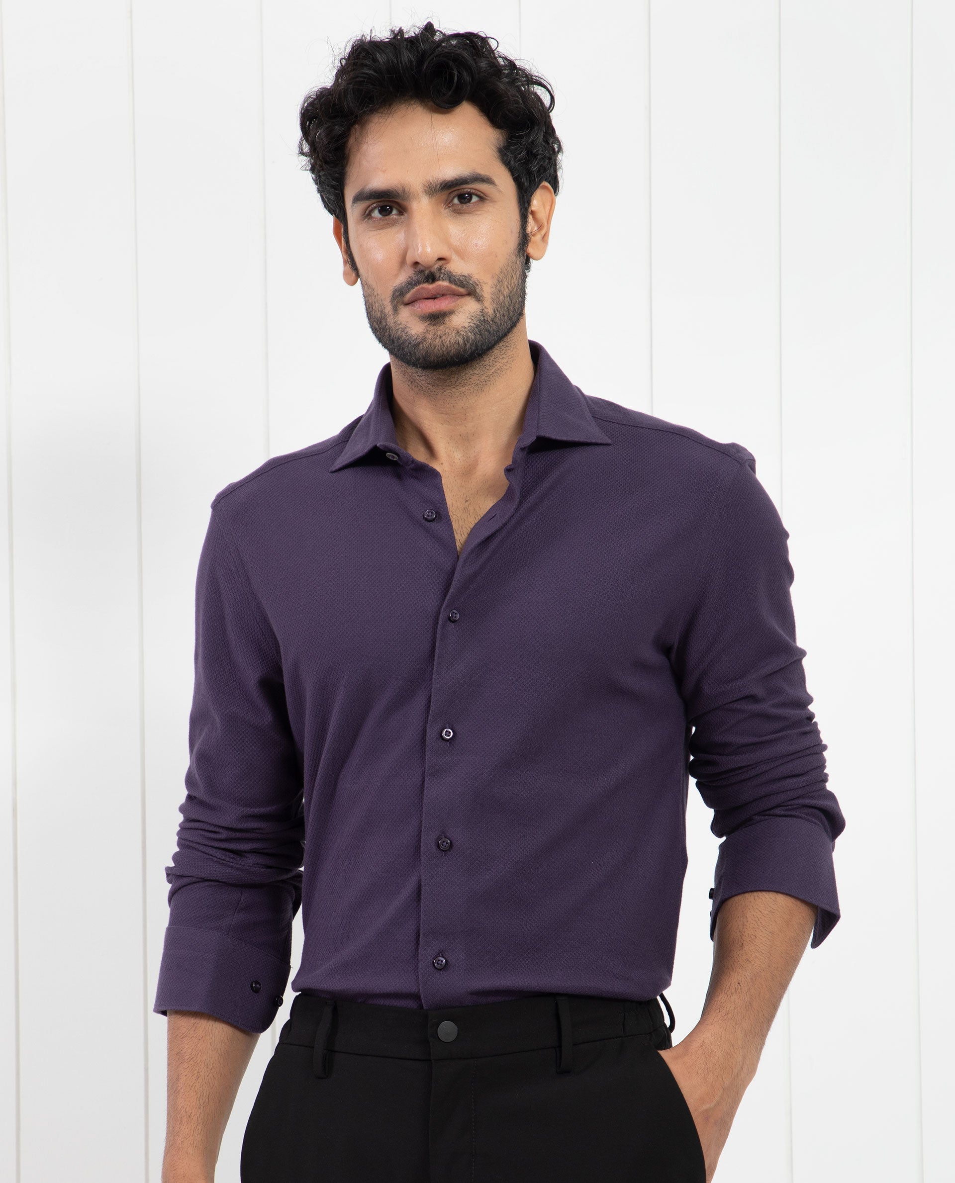 Rare Rabbit Men's Venziya Dark Purple Cotton Plain Regular Fit Full Sleeve Collared Shirt