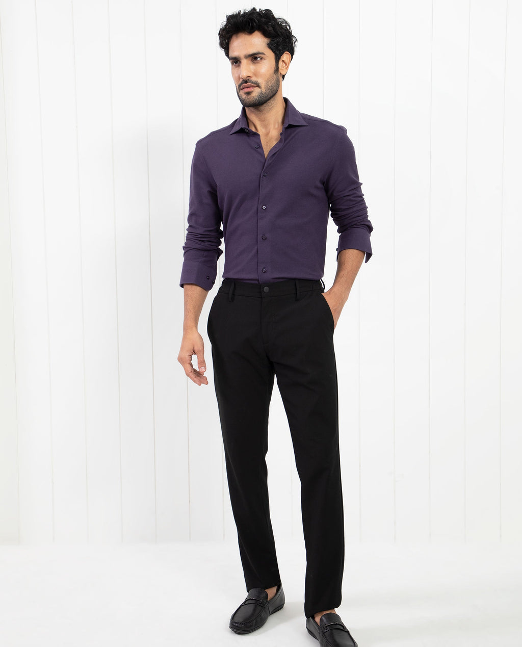 Rare Rabbit Men's Venziya Dark Purple Cotton Plain Regular Fit Full Sleeve Collared Shirt