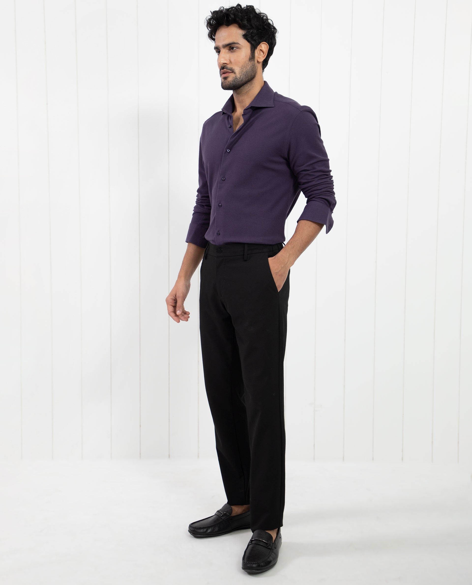 Rare Rabbit Men's Venziya Dark Purple Cotton Plain Regular Fit Full Sleeve Collared Shirt