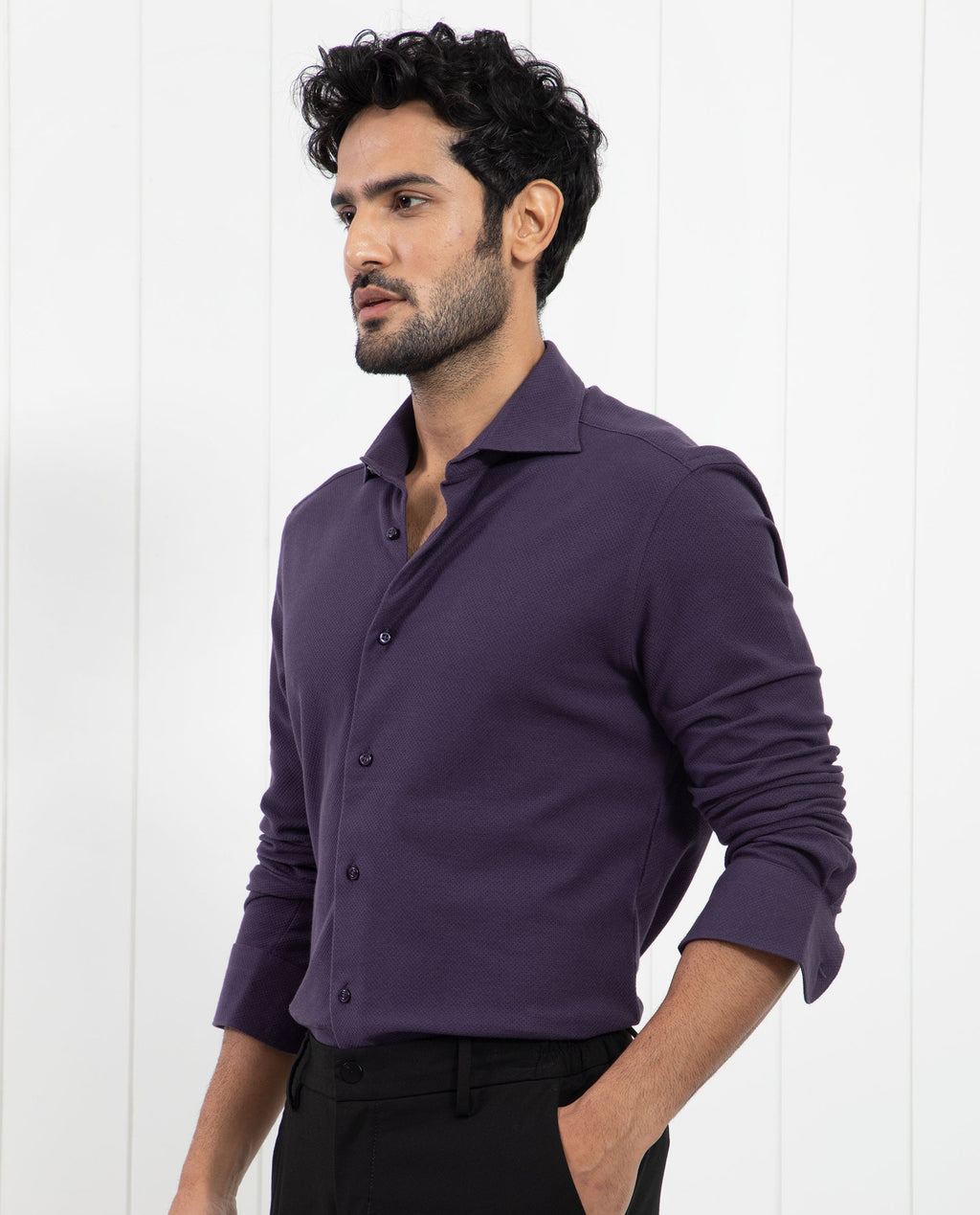 Rare Rabbit Men's Venziya Dark Purple Cotton Plain Regular Fit Full Sleeve Collared Shirt