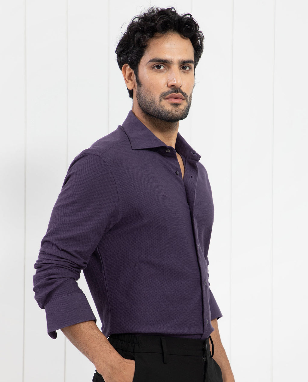 Rare Rabbit Men's Venziya Dark Purple Cotton Plain Regular Fit Full Sleeve Collared Shirt