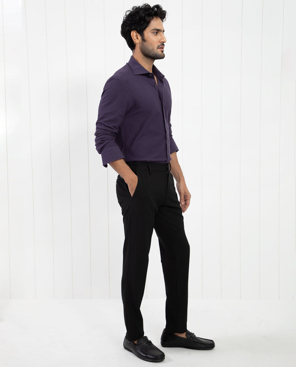 Rare Rabbit Men's Venziya Dark Purple Cotton Plain Regular Fit Full Sleeve Collared Shirt