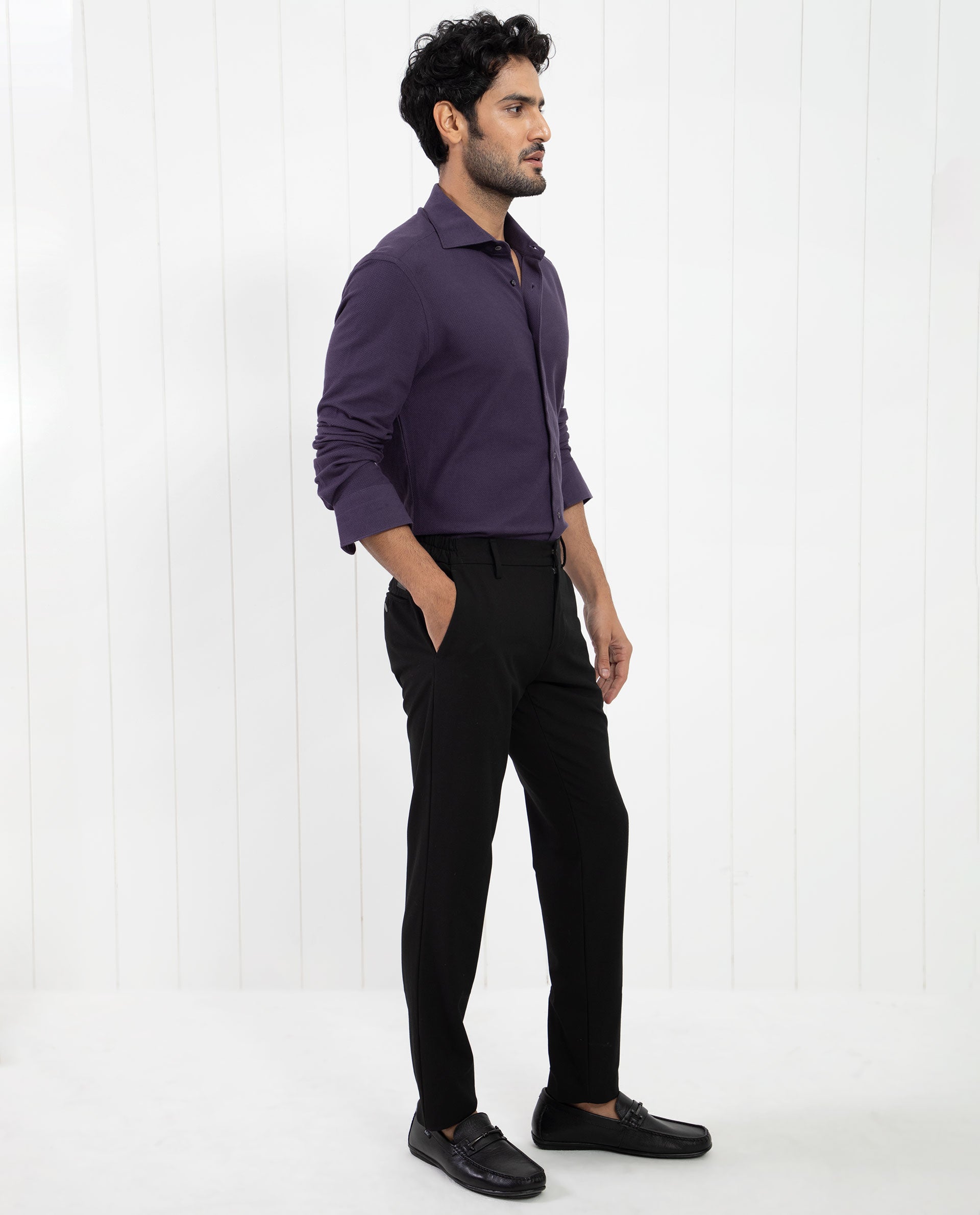 Rare Rabbit Men's Venziya Dark Purple Cotton Plain Regular Fit Full Sleeve Collared Shirt