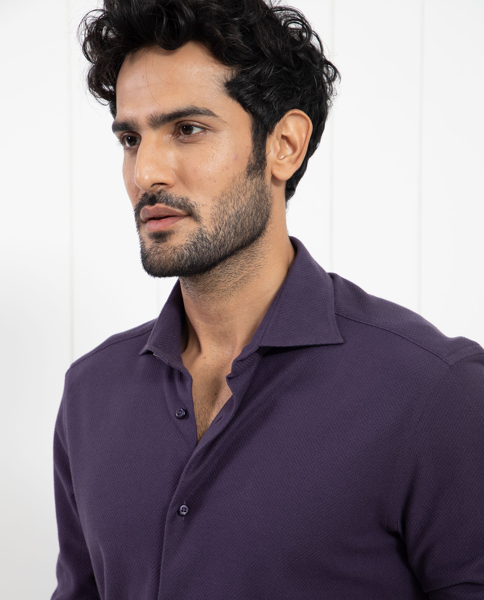 Rare Rabbit Men's Venziya Dark Purple Cotton Plain Regular Fit Full Sleeve Collared Shirt