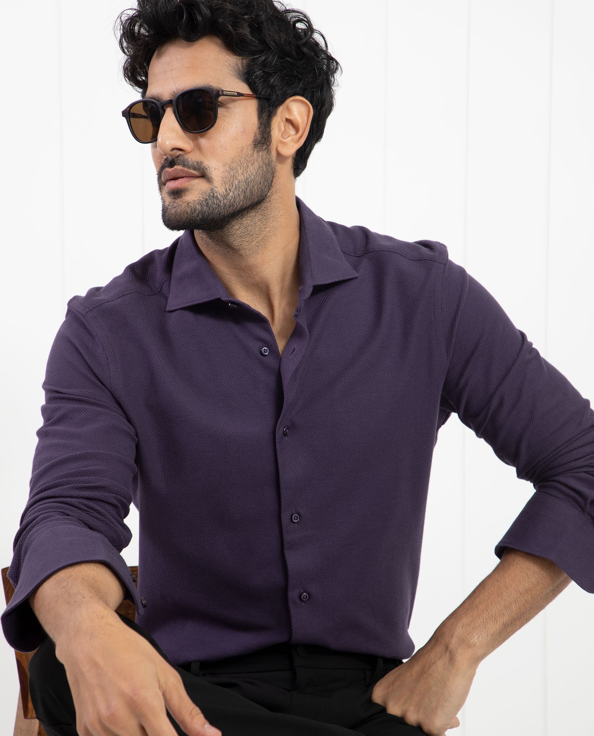 Rare Rabbit Men's Venziya Dark Purple Cotton Plain Regular Fit Full Sleeve Collared Shirt