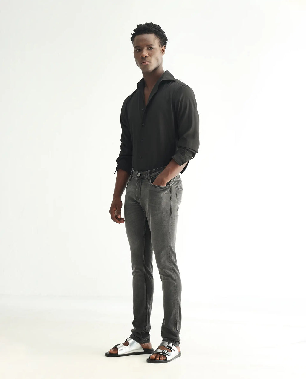 Rare Rabbit Men's Veu Grey Cotton Plain Hawk Slim Fit Jeans