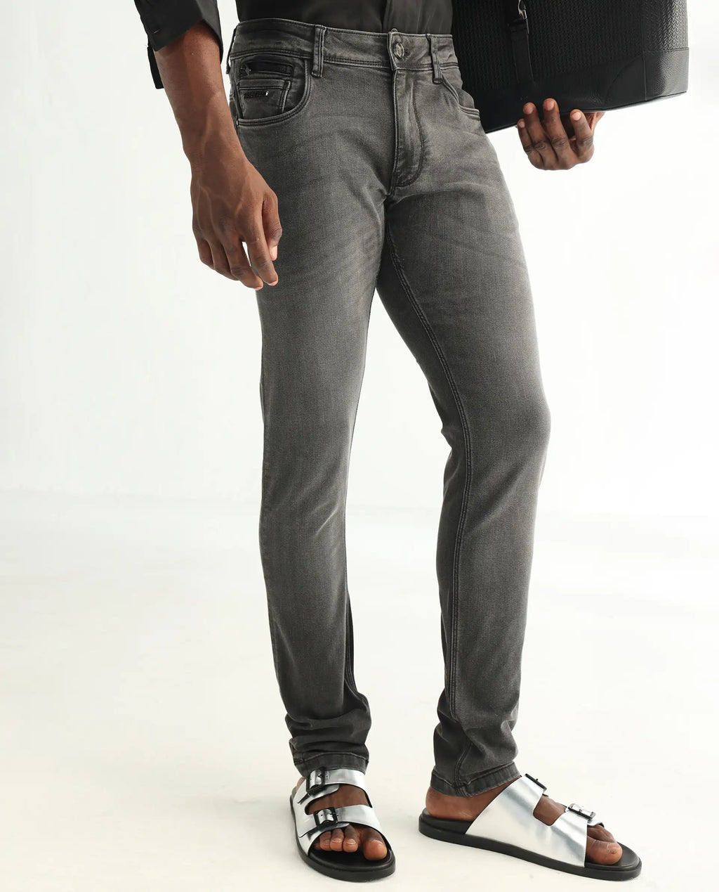 Rare Rabbit Men's Veu Grey Cotton Plain Hawk Slim Fit Jeans