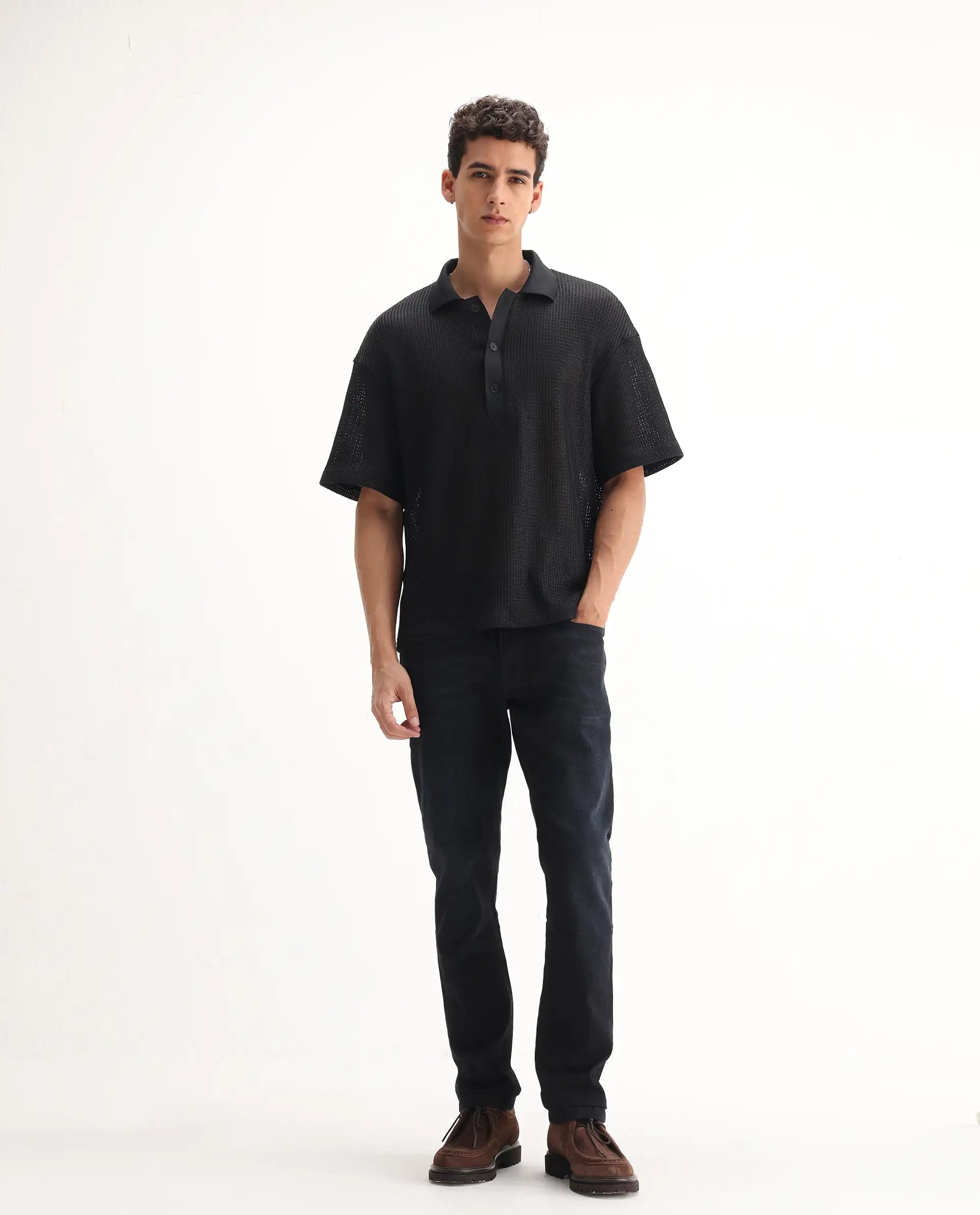Rare Rabbit Men's Victo Navy Cotton Plain Hawk Slim Fit Jeans