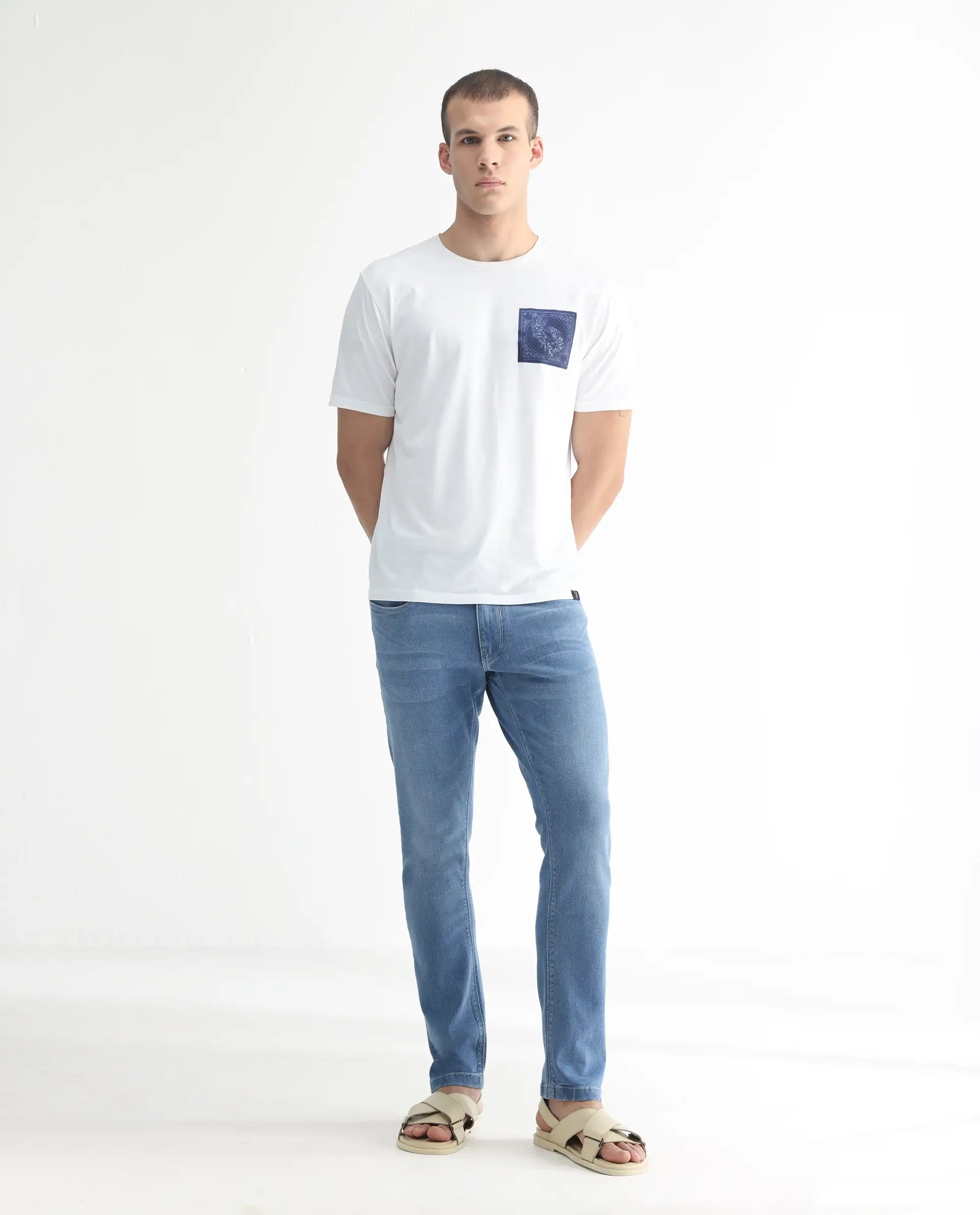 Rare Rabbit Men's Widz Light Blue Cotton Plain Hawk Slim Fit Jeans