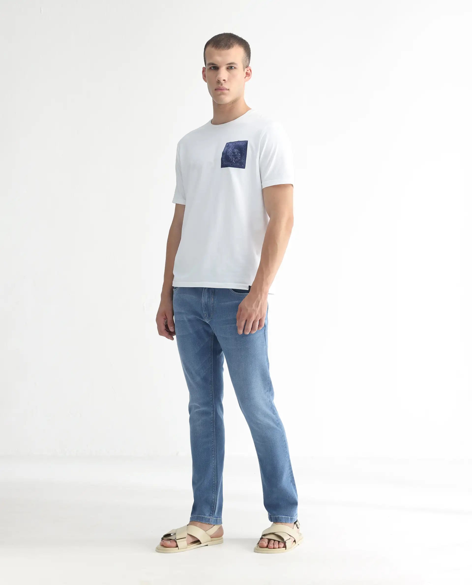 Rare Rabbit Men's Widz Light Blue Cotton Plain Hawk Slim Fit Jeans