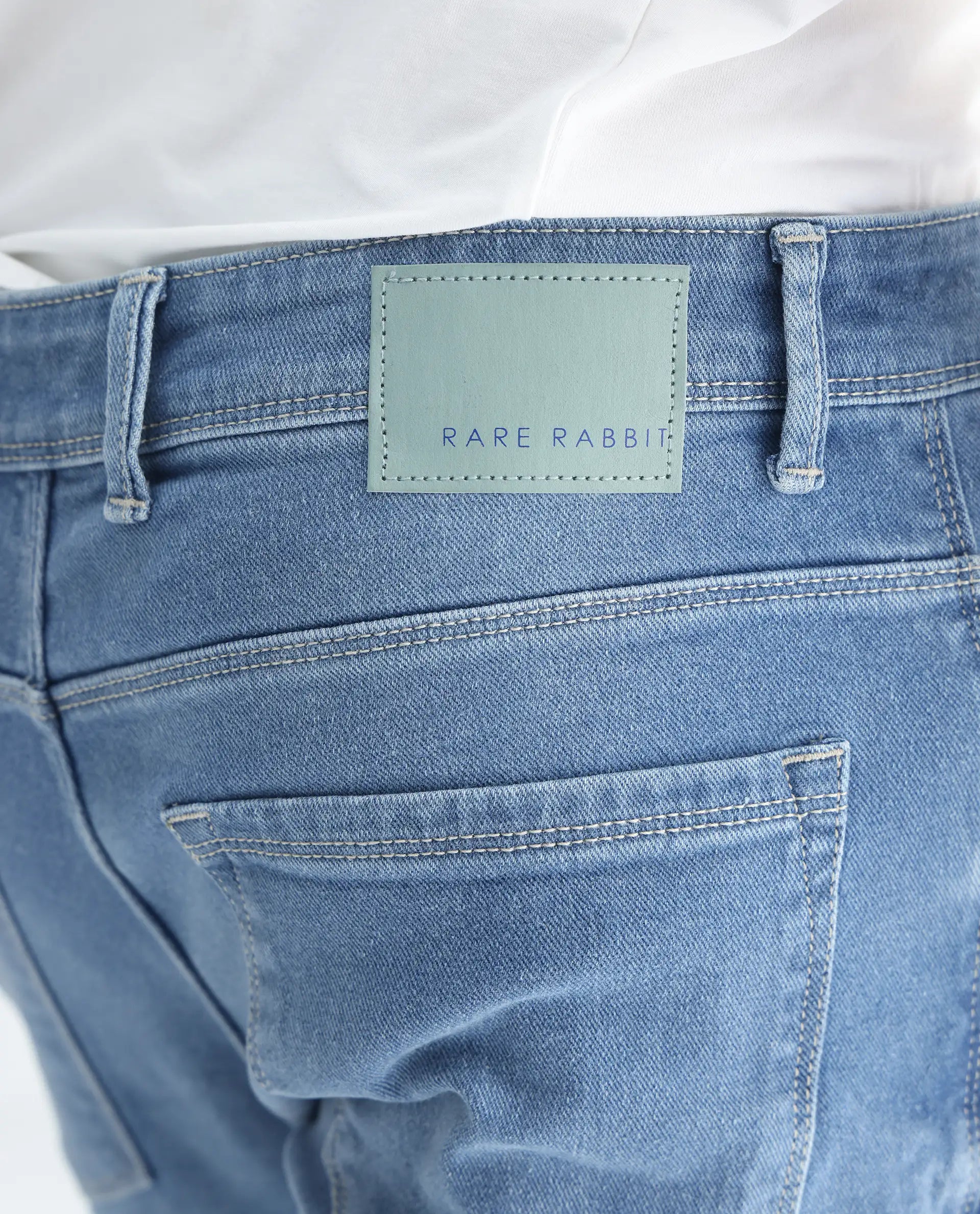 Rare Rabbit Men's Widz Light Blue Cotton Plain Hawk Slim Fit Jeans