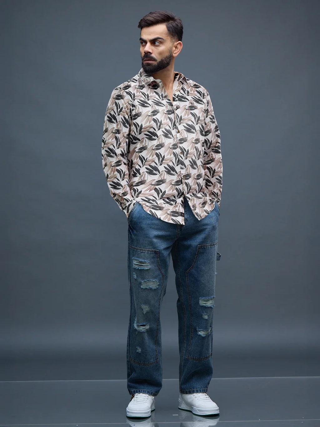 Printed Satin Slim Fit Shirt | Off White