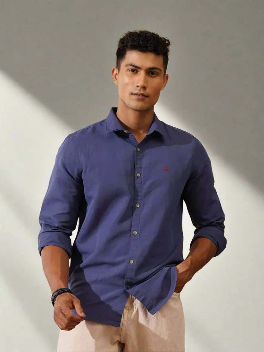 Cotton Linen Slim Fit Shirt | Dark Blue