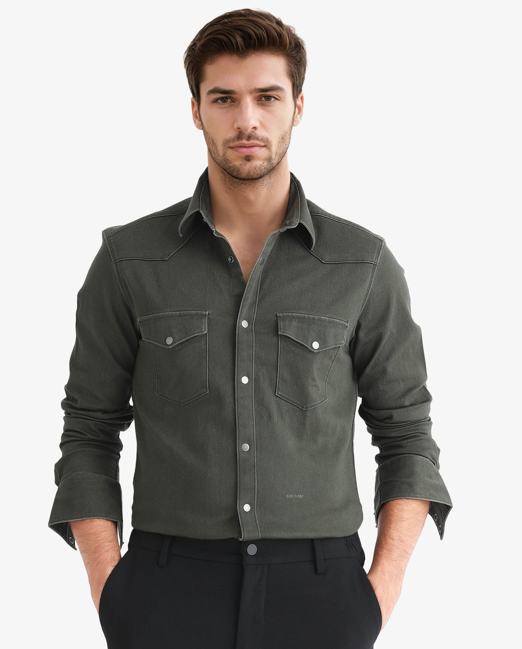 Rare Rabbit Men's Xenon Olive Cotton Plain Tailored Fit Full Sleeve Collared Shirt
