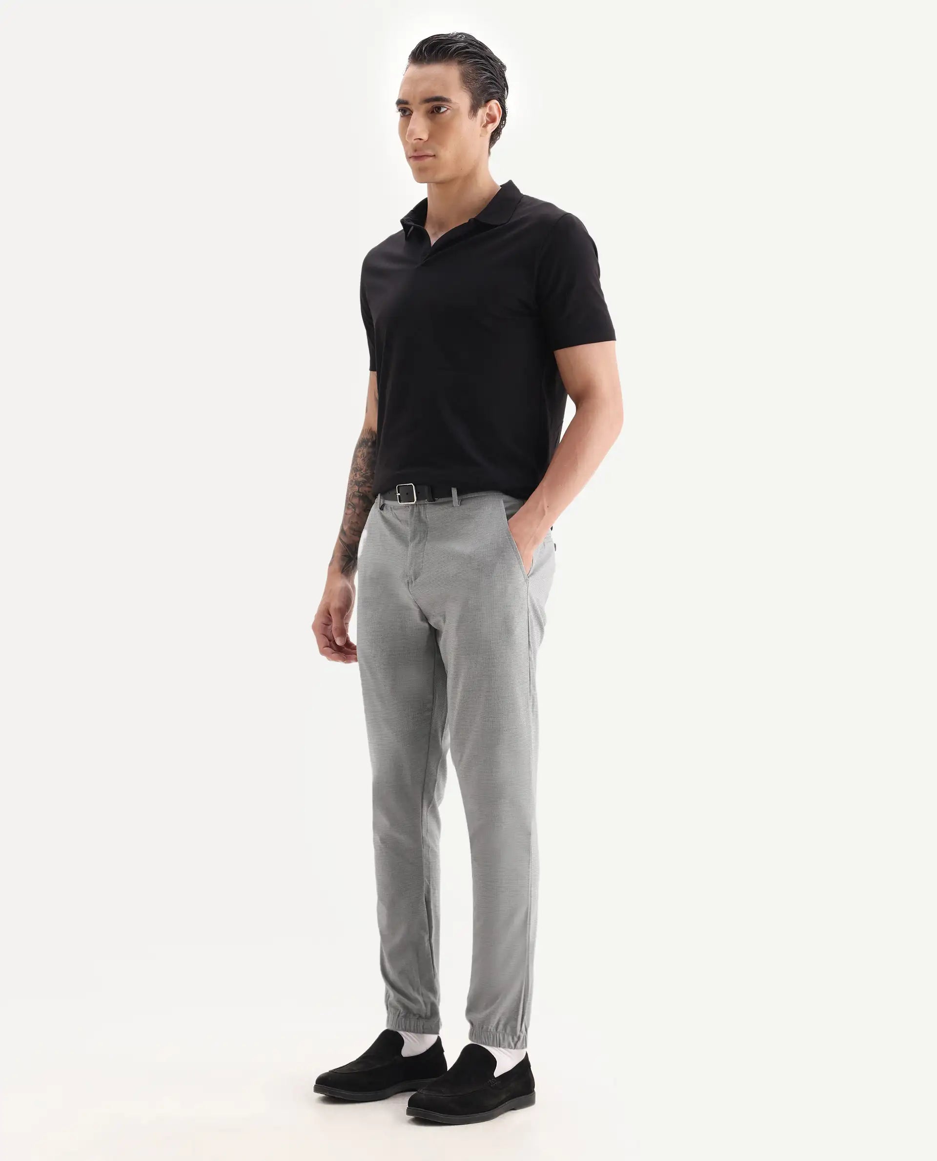 Rare Rabbit Men's Guild Casual Zader Grey Polyester Checked Print Regular Fit Trouser